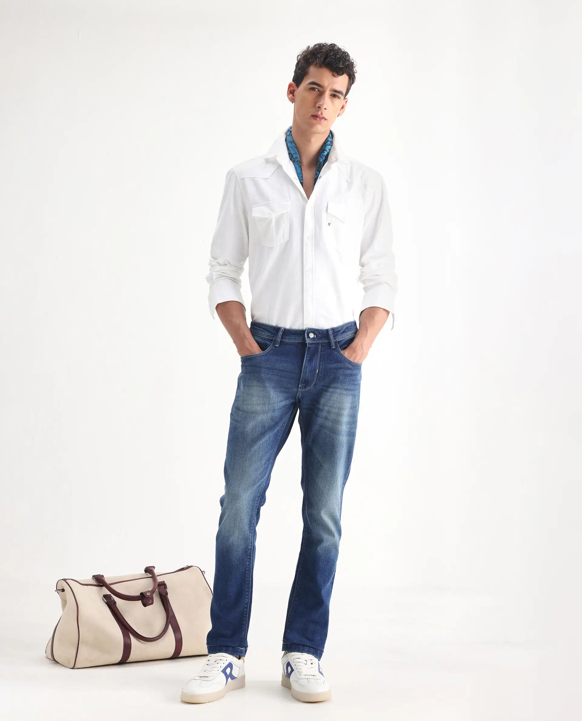 Rare Rabbit Men's Cyr Light Blue Cotton Plain Hawk Slim Fit Jeans