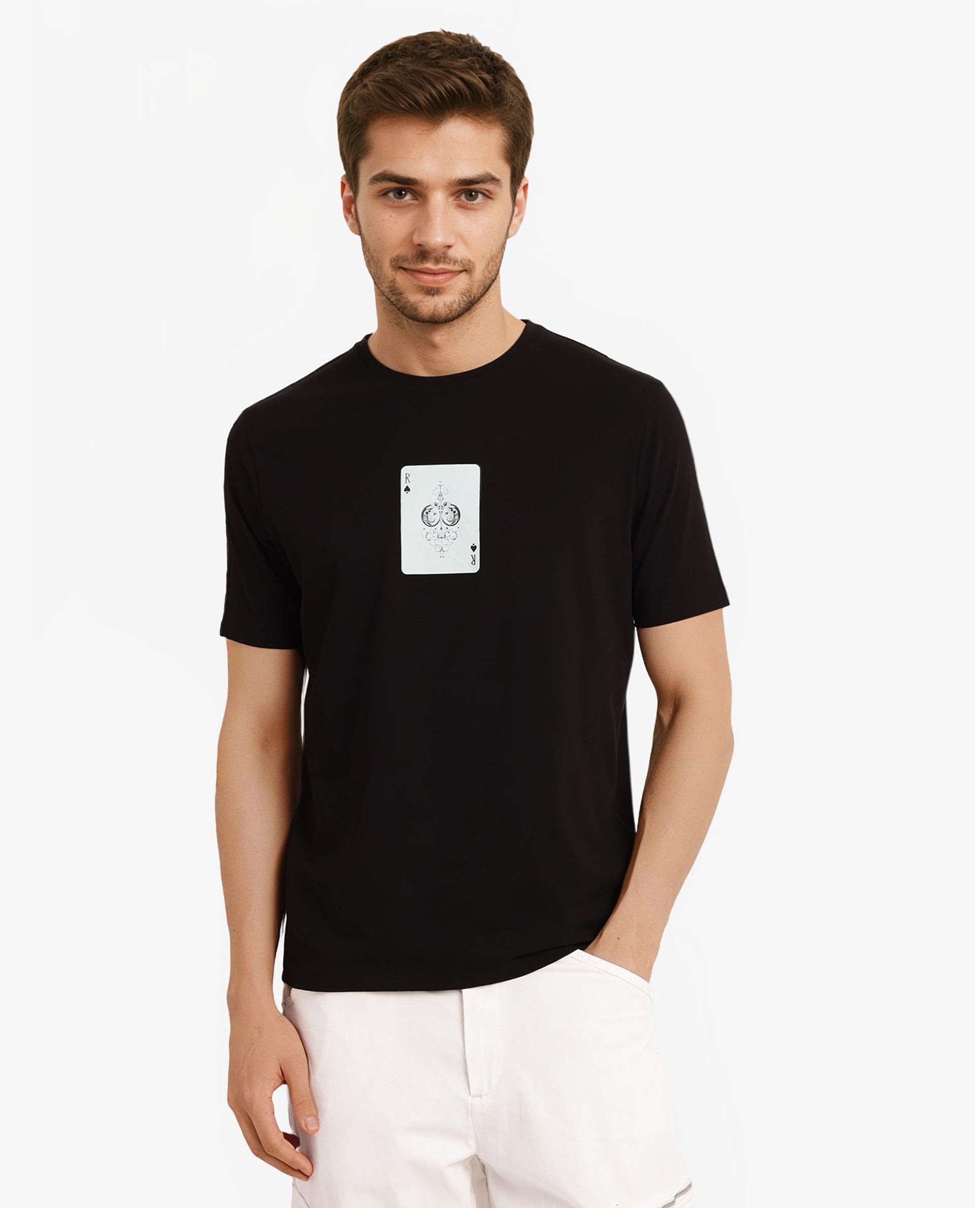 Rare Rabbit Men Caf Black Cotton Lycra Fabric Short Sleeve Crew Neck Regular Fit Graphic Print T-Shirt