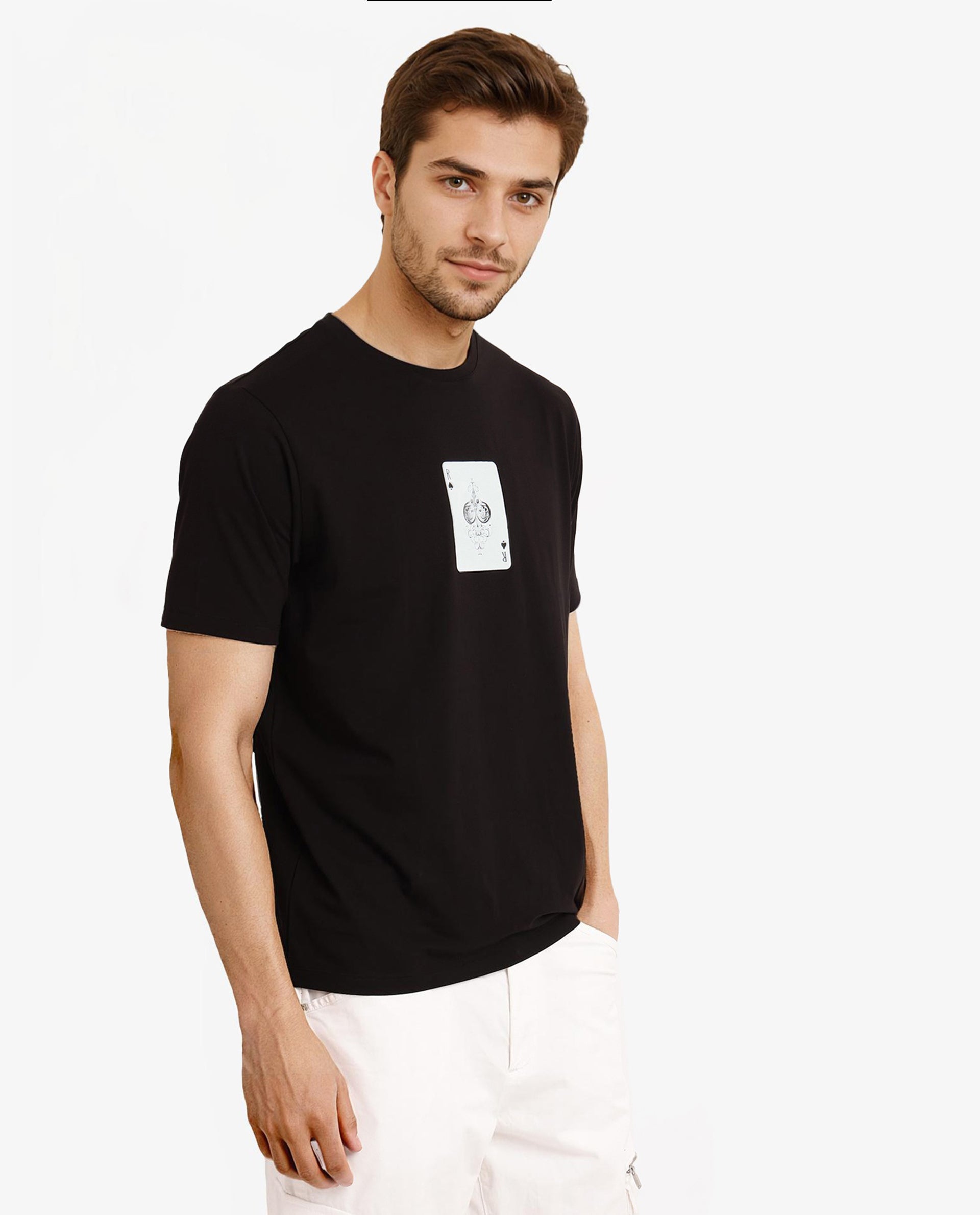 Rare Rabbit Men Caf Black Cotton Lycra Fabric Short Sleeve Crew Neck Regular Fit Graphic Print T-Shirt