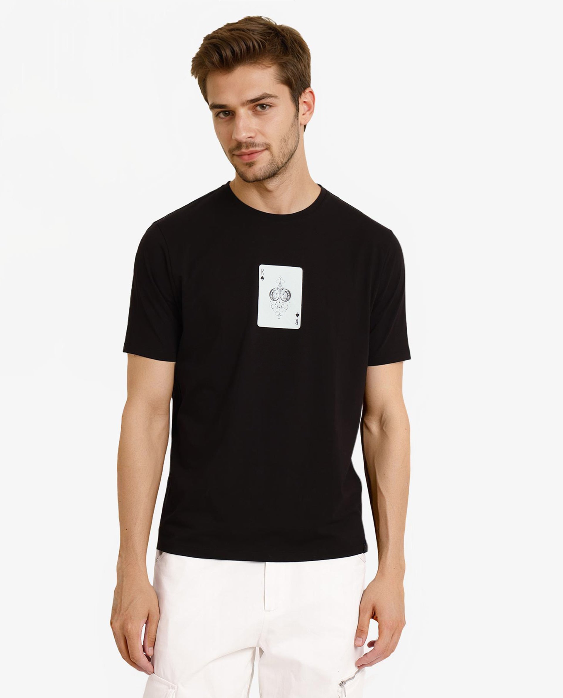 Rare Rabbit Men Caf Black Cotton Lycra Fabric Short Sleeve Crew Neck Regular Fit Graphic Print T-Shirt