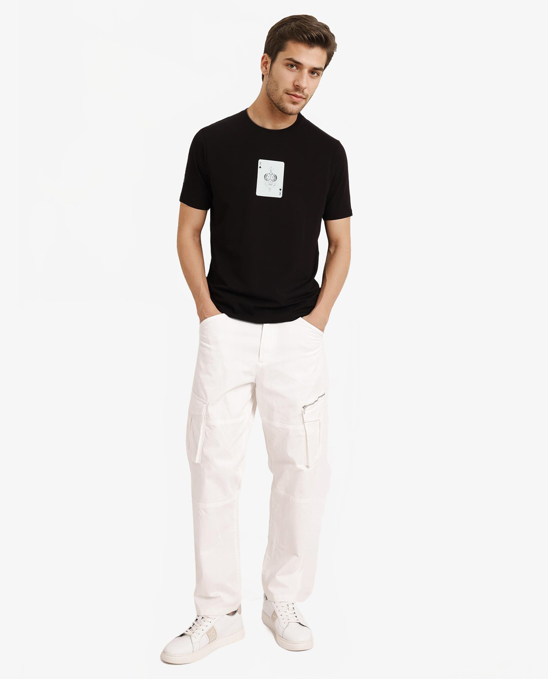 Rare Rabbit Men Caf Black Cotton Lycra Fabric Short Sleeve Crew Neck Regular Fit Graphic Print T-Shirt