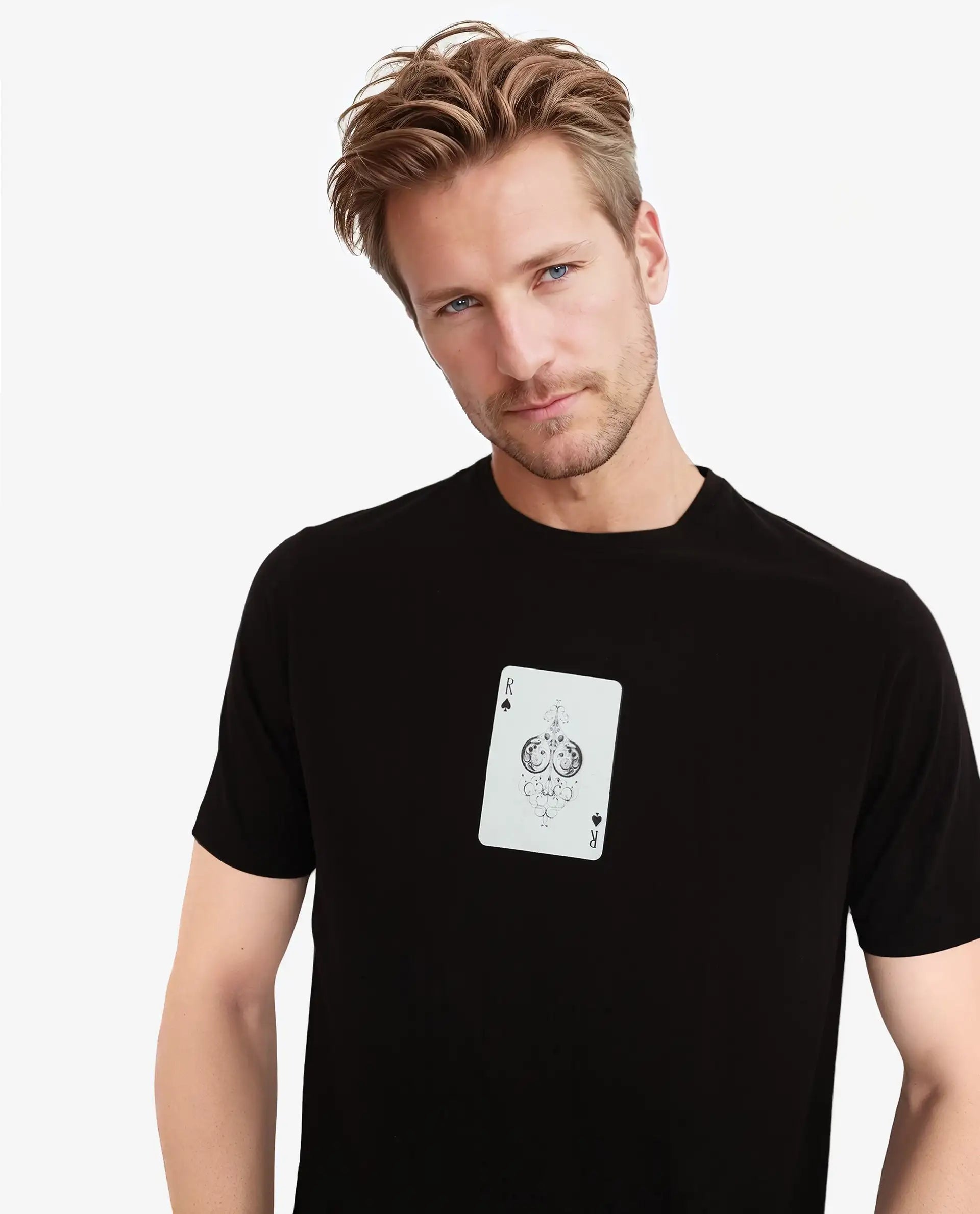 Rare Rabbit Men Caf Black Cotton Lycra Fabric Short Sleeve Crew Neck Regular Fit Graphic Print T-Shirt