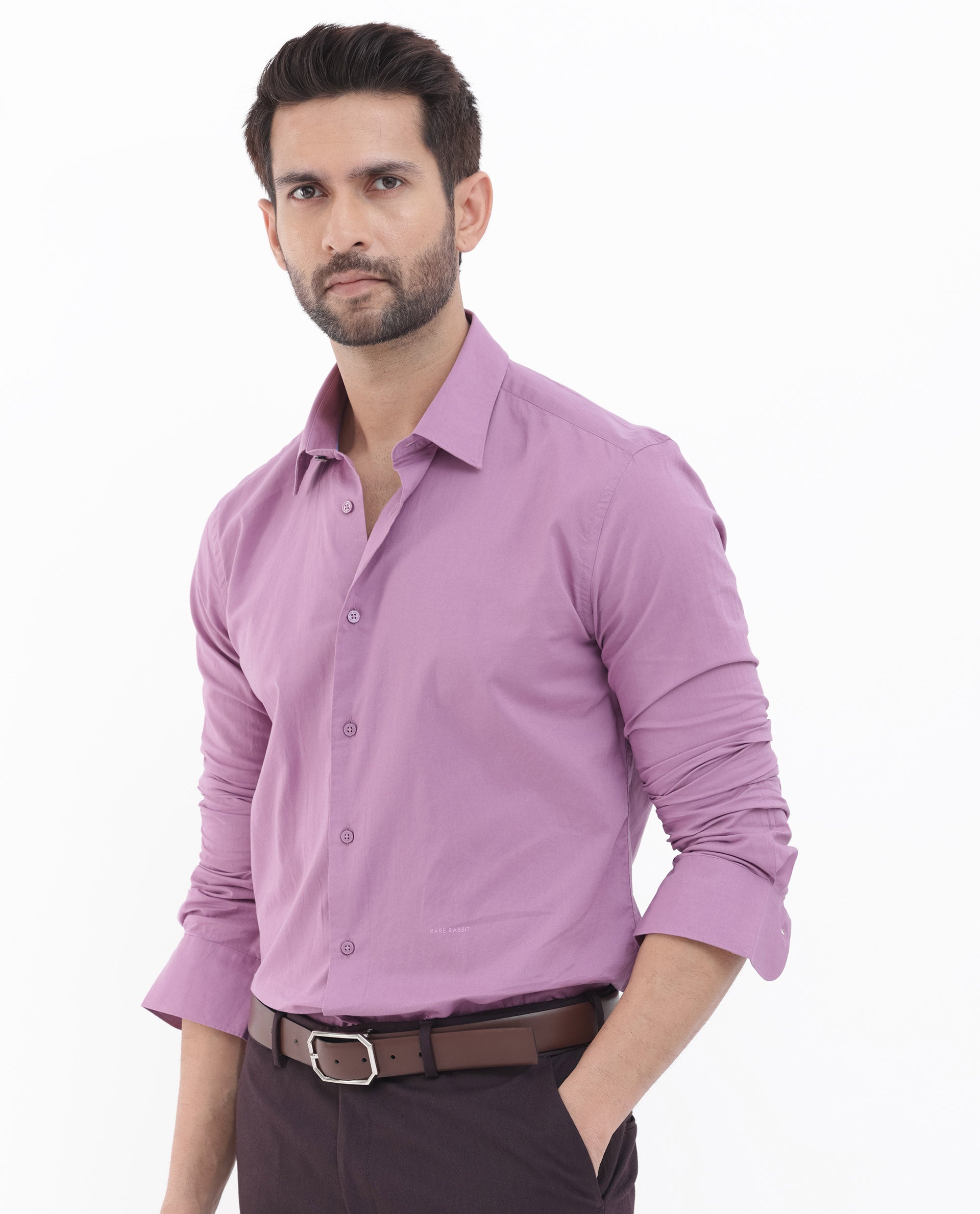 Rare Rabbit Men's Cambo Dusky Purple Cambric Fabric Full Sleeves Solid Shirt