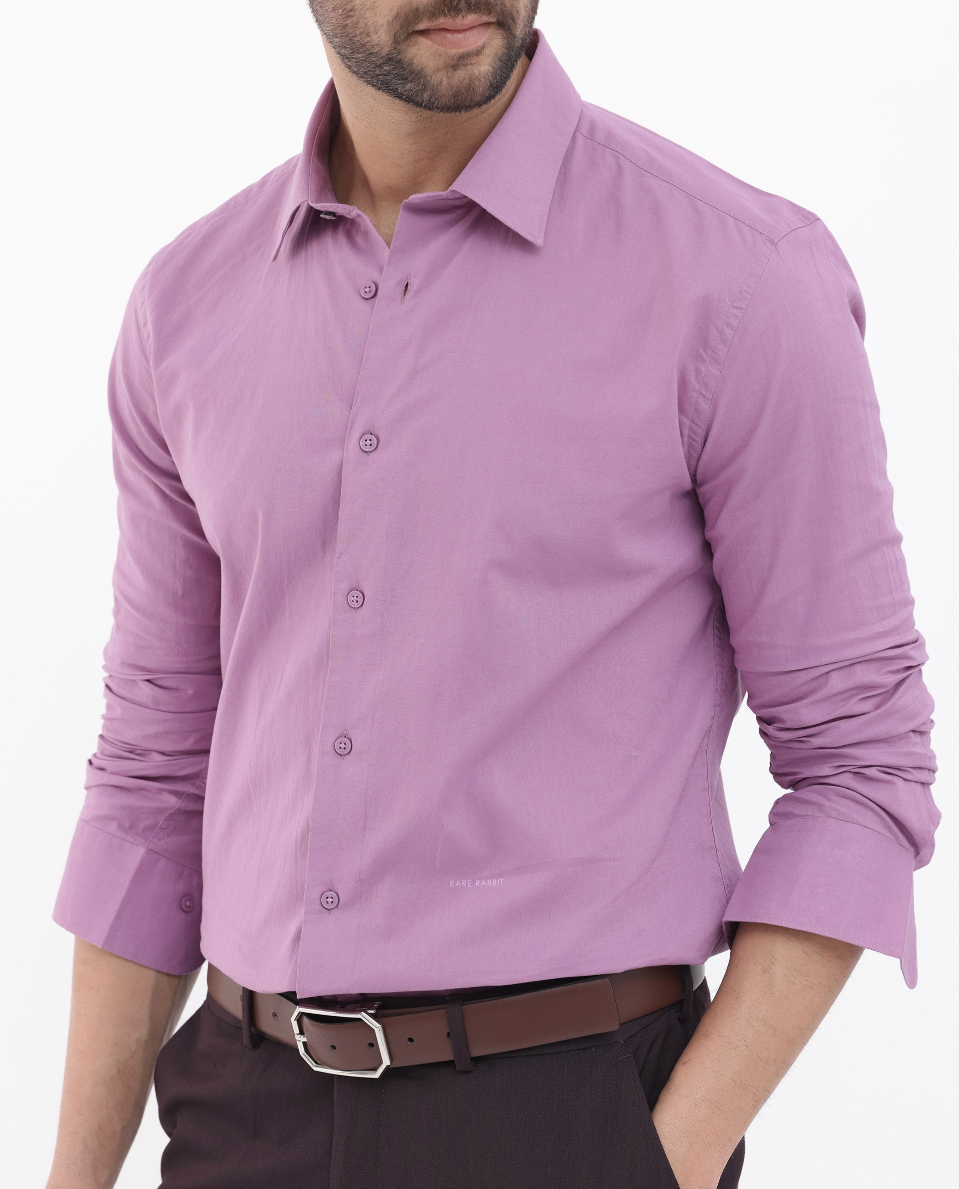 Rare Rabbit Men's Cambo Dusky Purple Cambric Fabric Full Sleeves Solid Shirt
