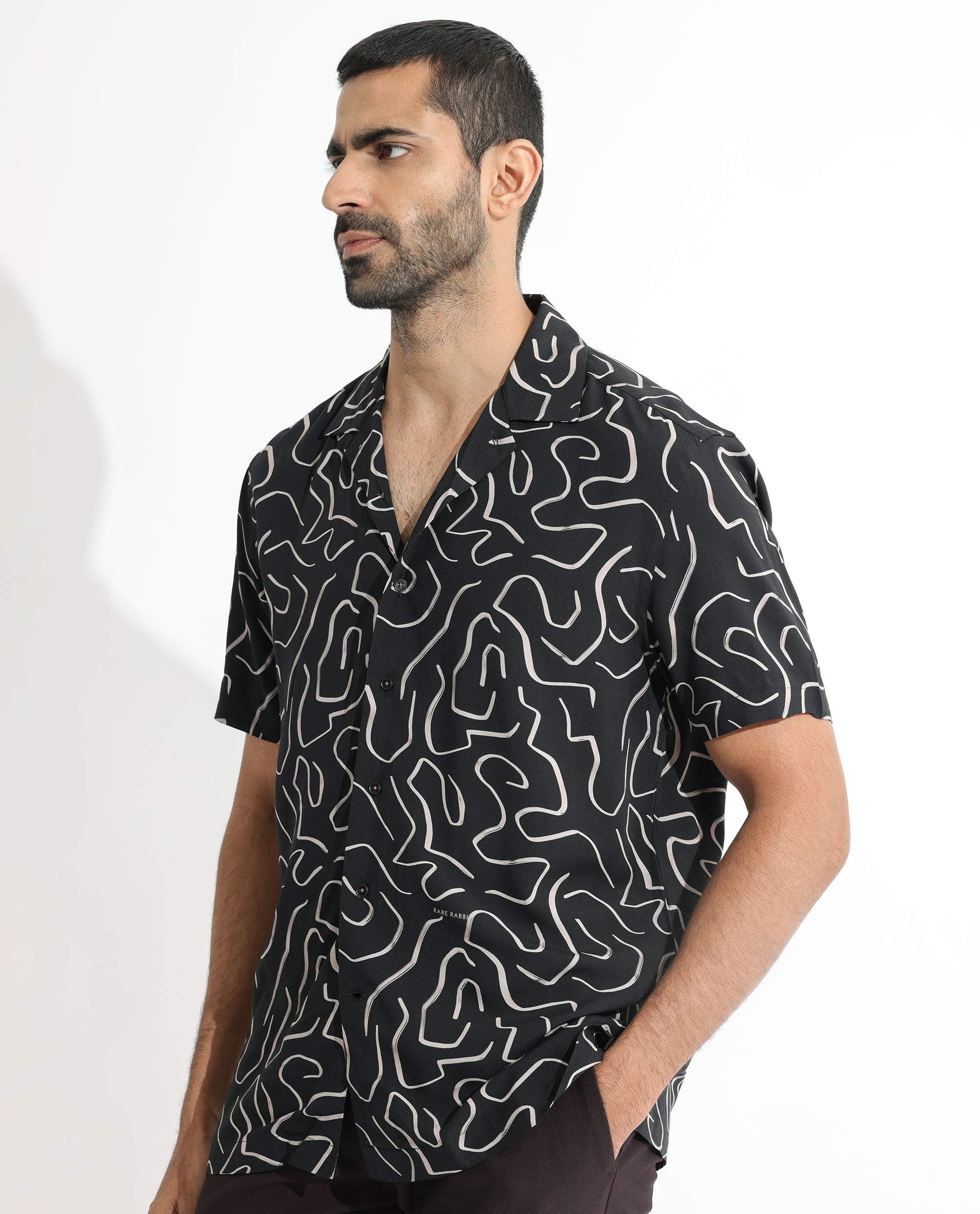 Rare Rabbit Men's Castro Black Viscose fabric Cuban Collar Abstract Print Half Sleeves Shirt