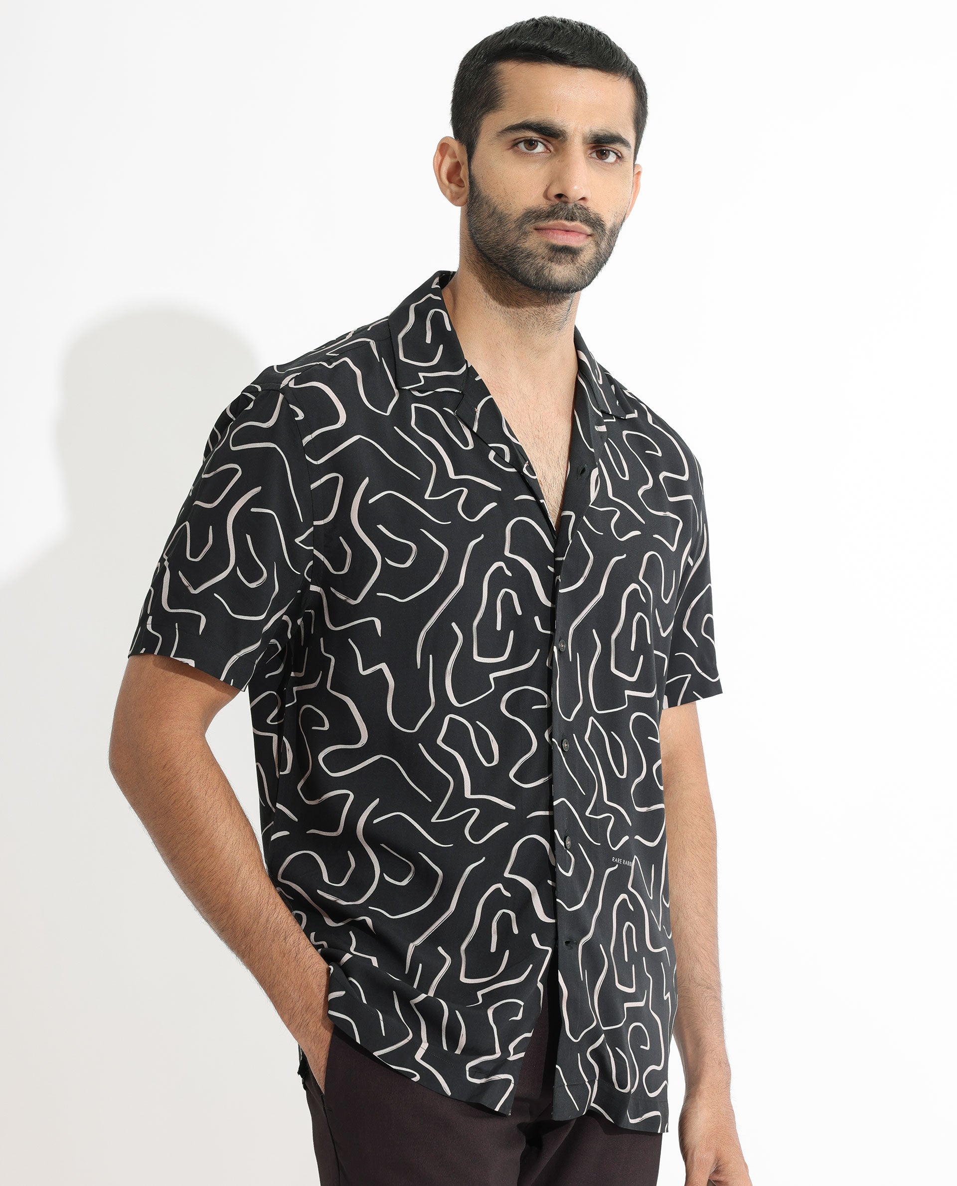 Rare Rabbit Men's Castro Black Viscose fabric Cuban Collar Abstract Print Half Sleeves Shirt