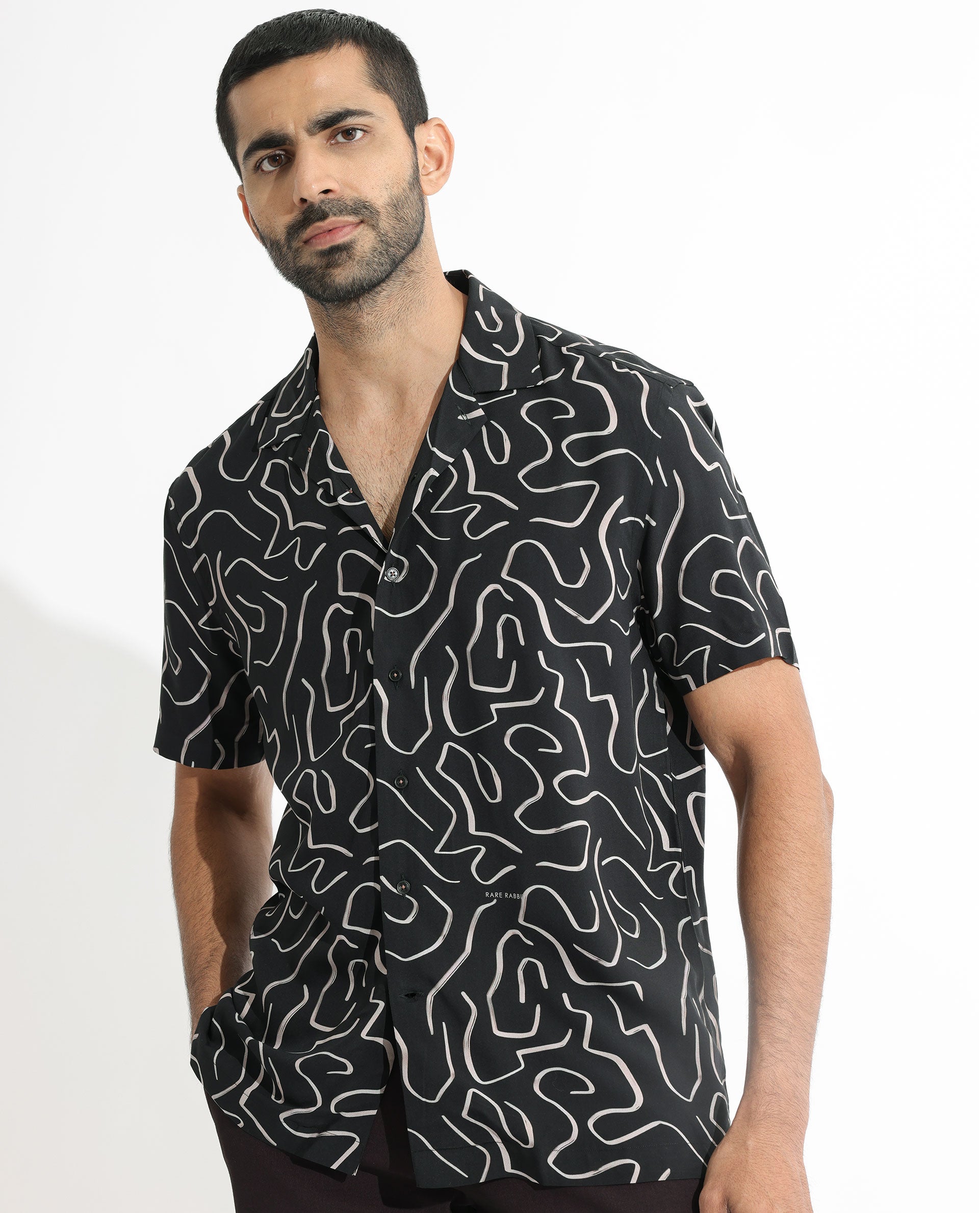 Rare Rabbit Men's Castro Black Viscose fabric Cuban Collar Abstract Print Half Sleeves Shirt
