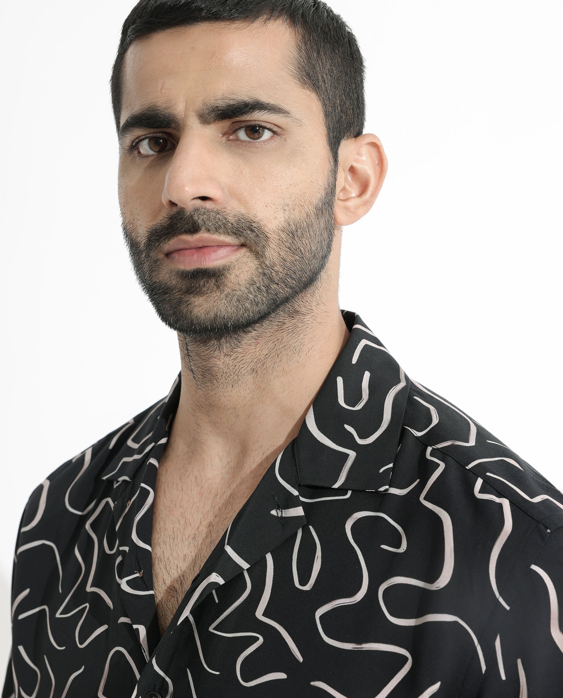 Rare Rabbit Men's Castro Black Viscose fabric Cuban Collar Abstract Print Half Sleeves Shirt