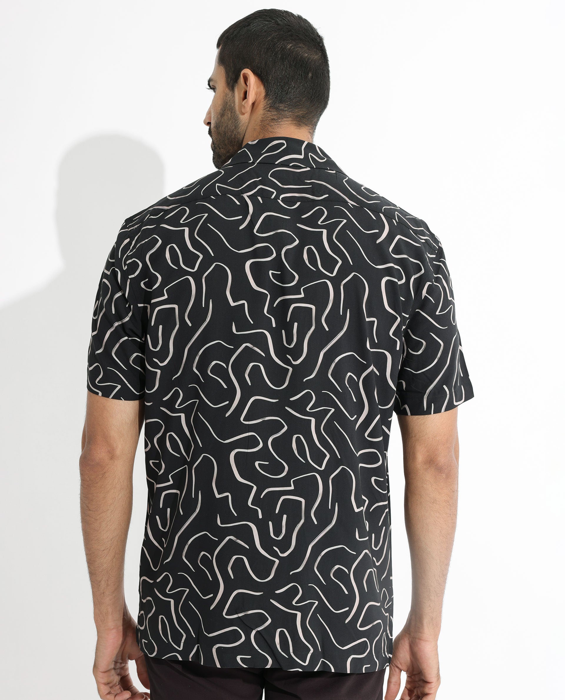 Rare Rabbit Men's Castro Black Viscose fabric Cuban Collar Abstract Print Half Sleeves Shirt