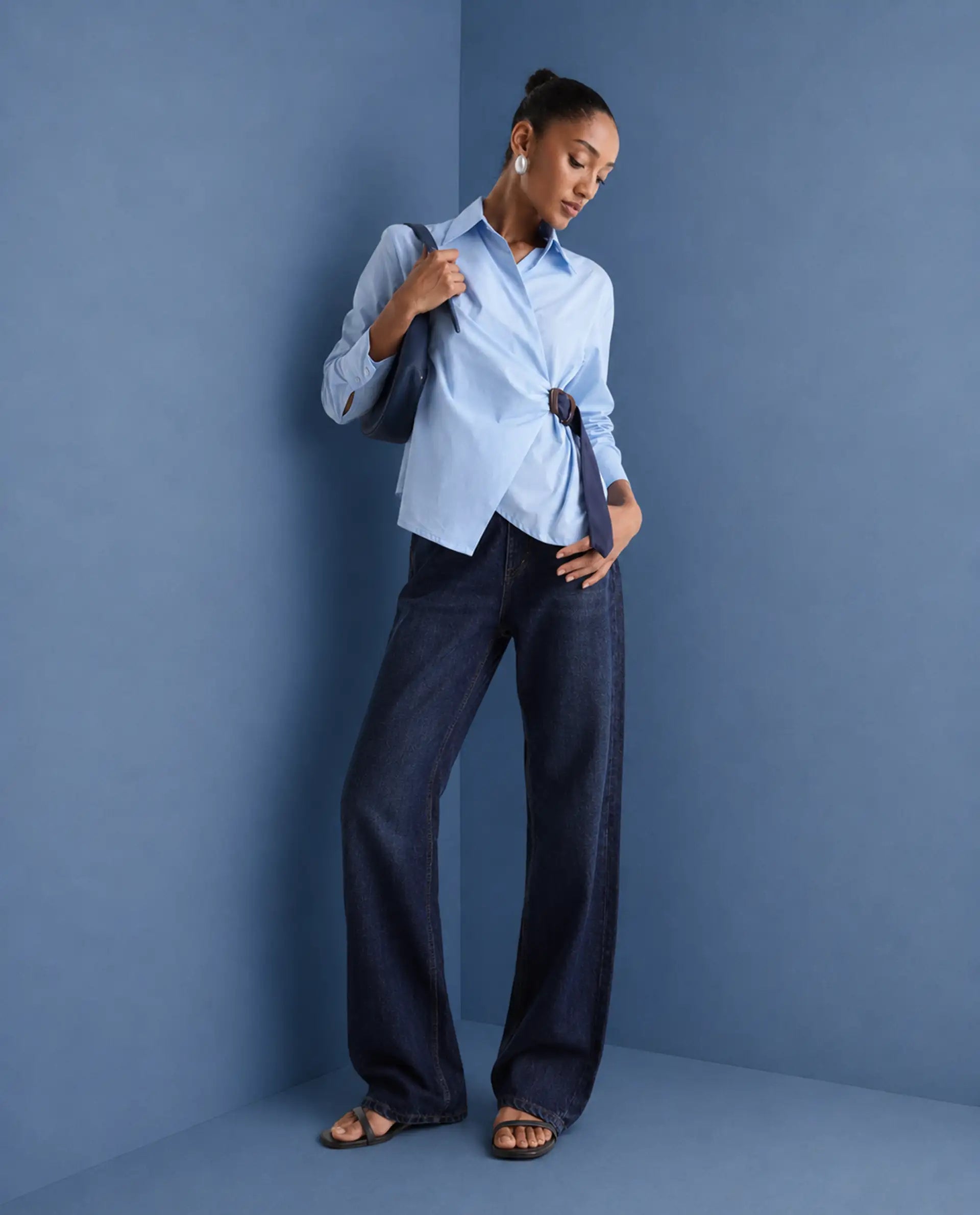 Rareism Women's Stalia Dark Blue Cotton Blend Straight Fit Plain Jeans