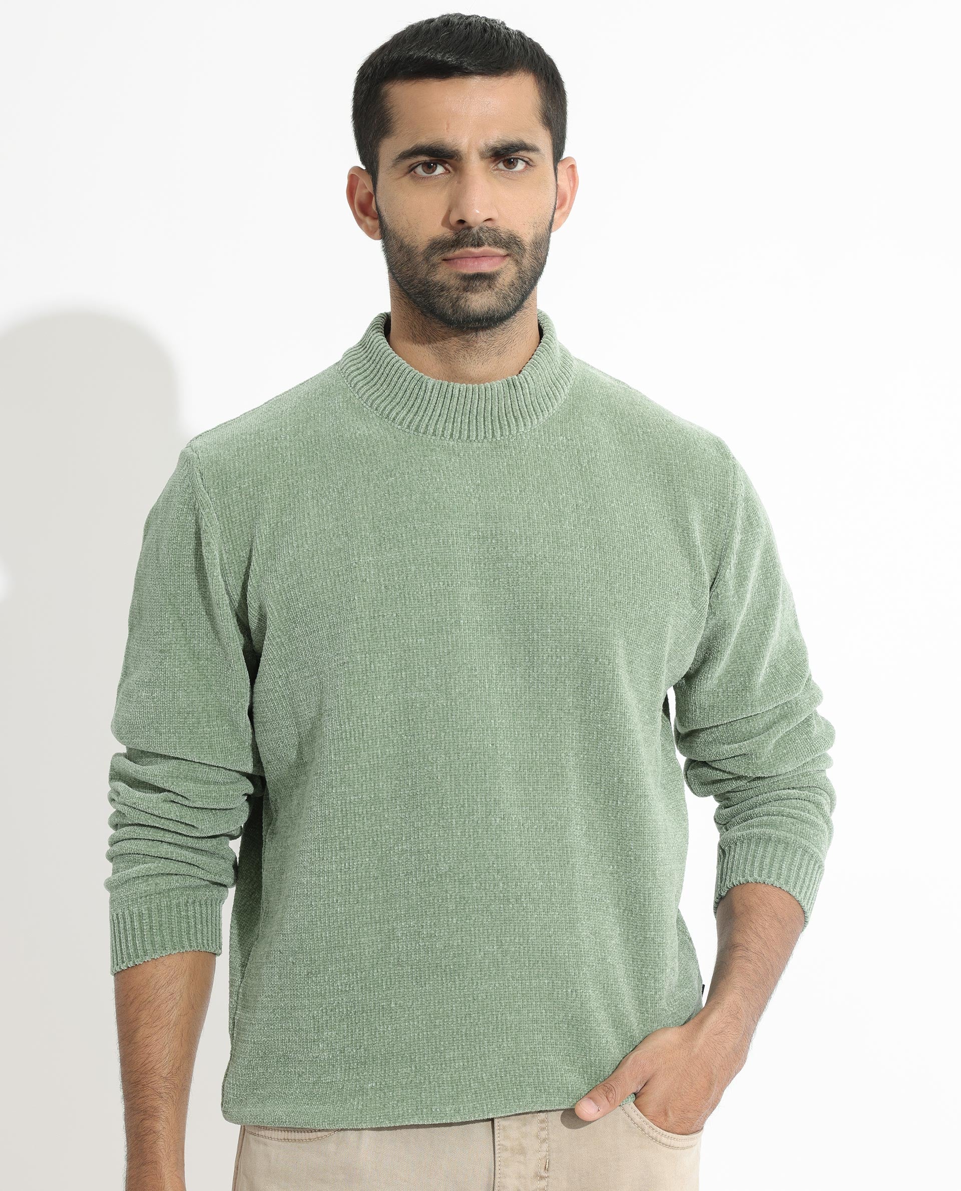 RARE RABBIT MENS CHENEE GREEN SWEATER FULL SLEEVE CREW NECK SOLID