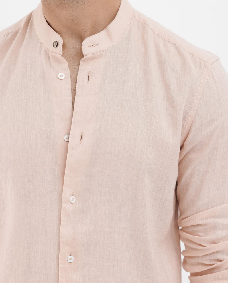 Rare Rabbit Men's Cinex Pastel Peach Linen Fabric Mandarin Collar Full Sleeve Solid Shirt