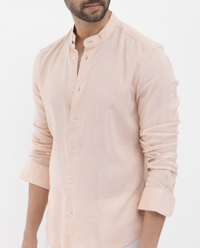 Rare Rabbit Men's Cinex Pastel Peach Linen Fabric Mandarin Collar Full Sleeve Solid Shirt