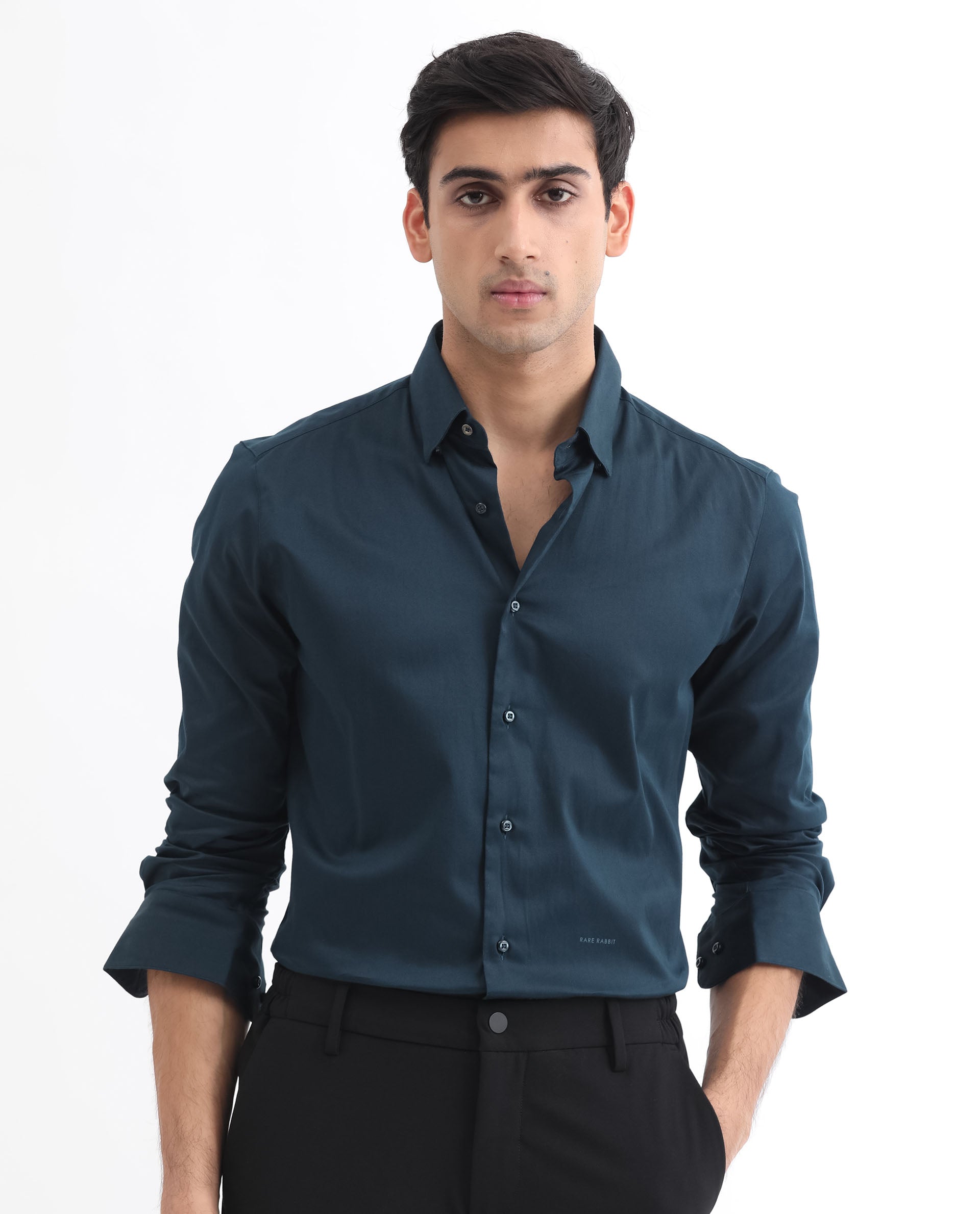 Rare Rabbit Men's Como Light Petrol Satin Plain Regular Fit Full Sleeve Collared Shirt