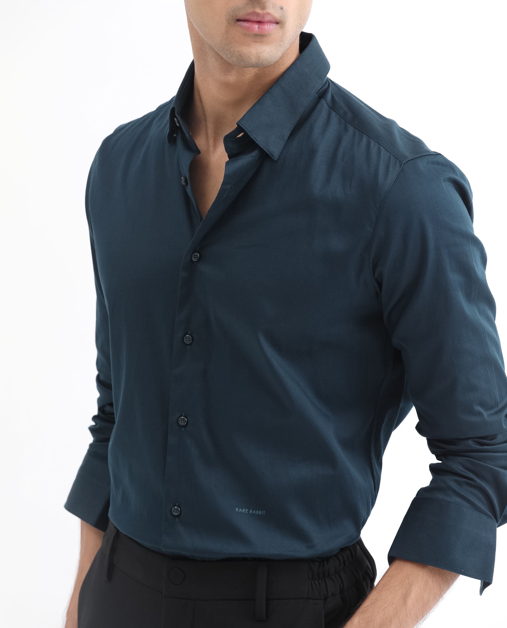 Rare Rabbit Men's Como Light Petrol Satin Fabric Button Down Collar Full Sleeves Solid Formal Shirt