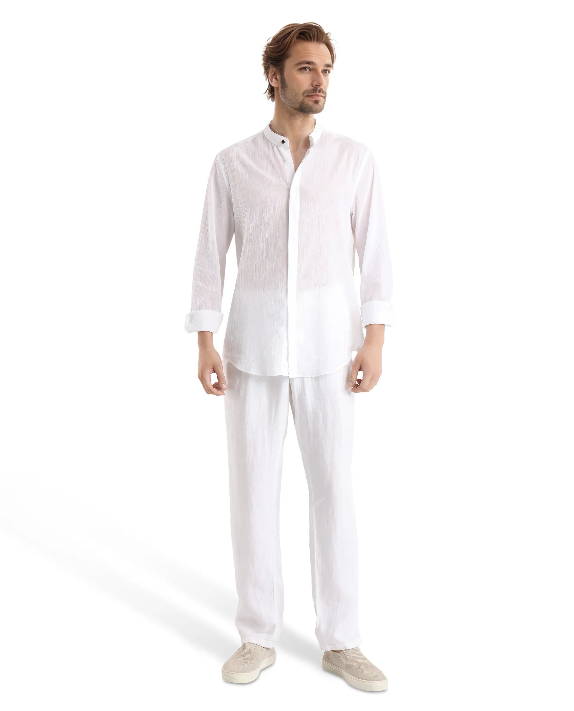 Rare Rabbit Men Crinkle-25 White Cotton Fabric Mandarin Collar Full Sleeves Solid Crinkle Effect Solid Shirt