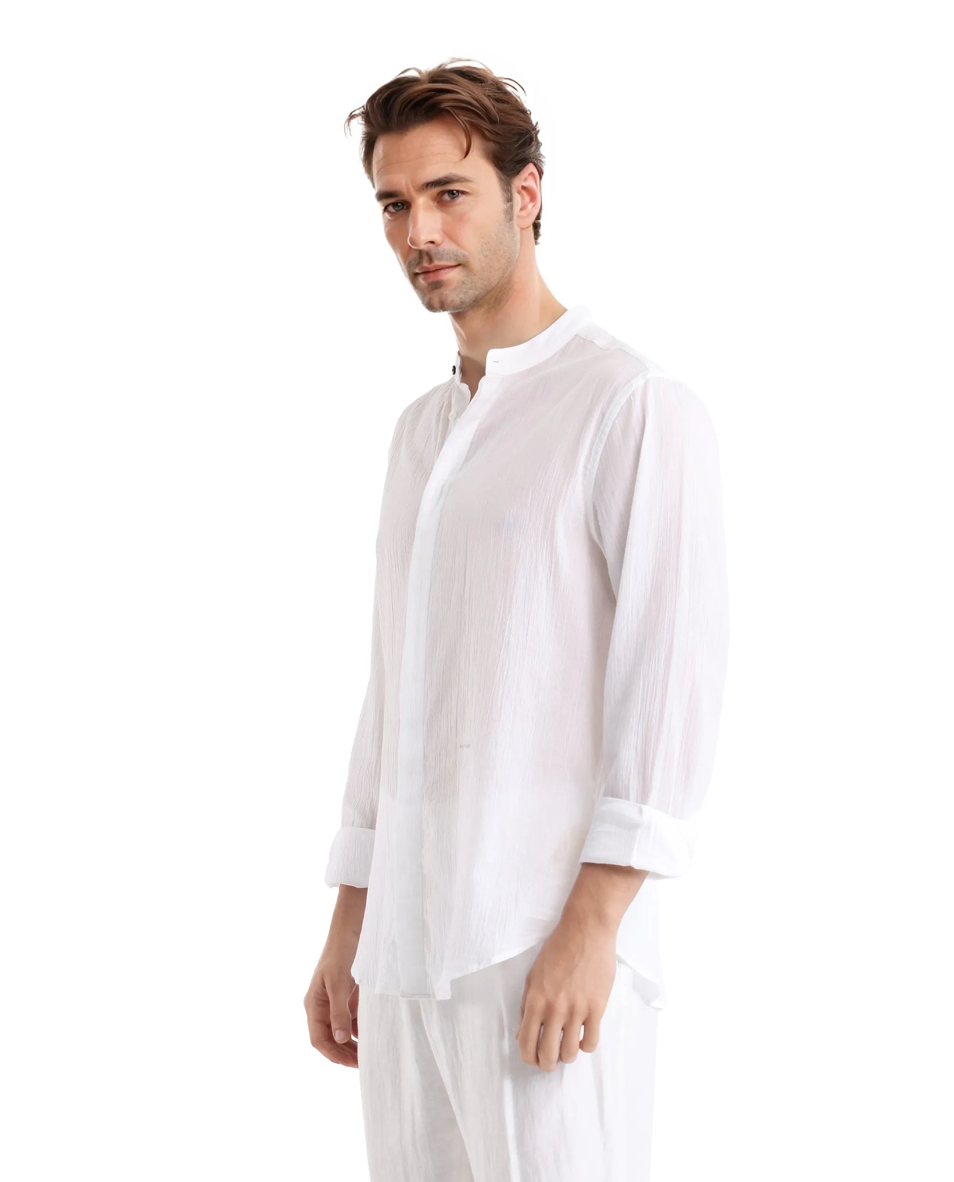 Rare Rabbit Men Crinkle-25 White Cotton Fabric Mandarin Collar Full Sleeves Solid Crinkle Effect Solid Shirt