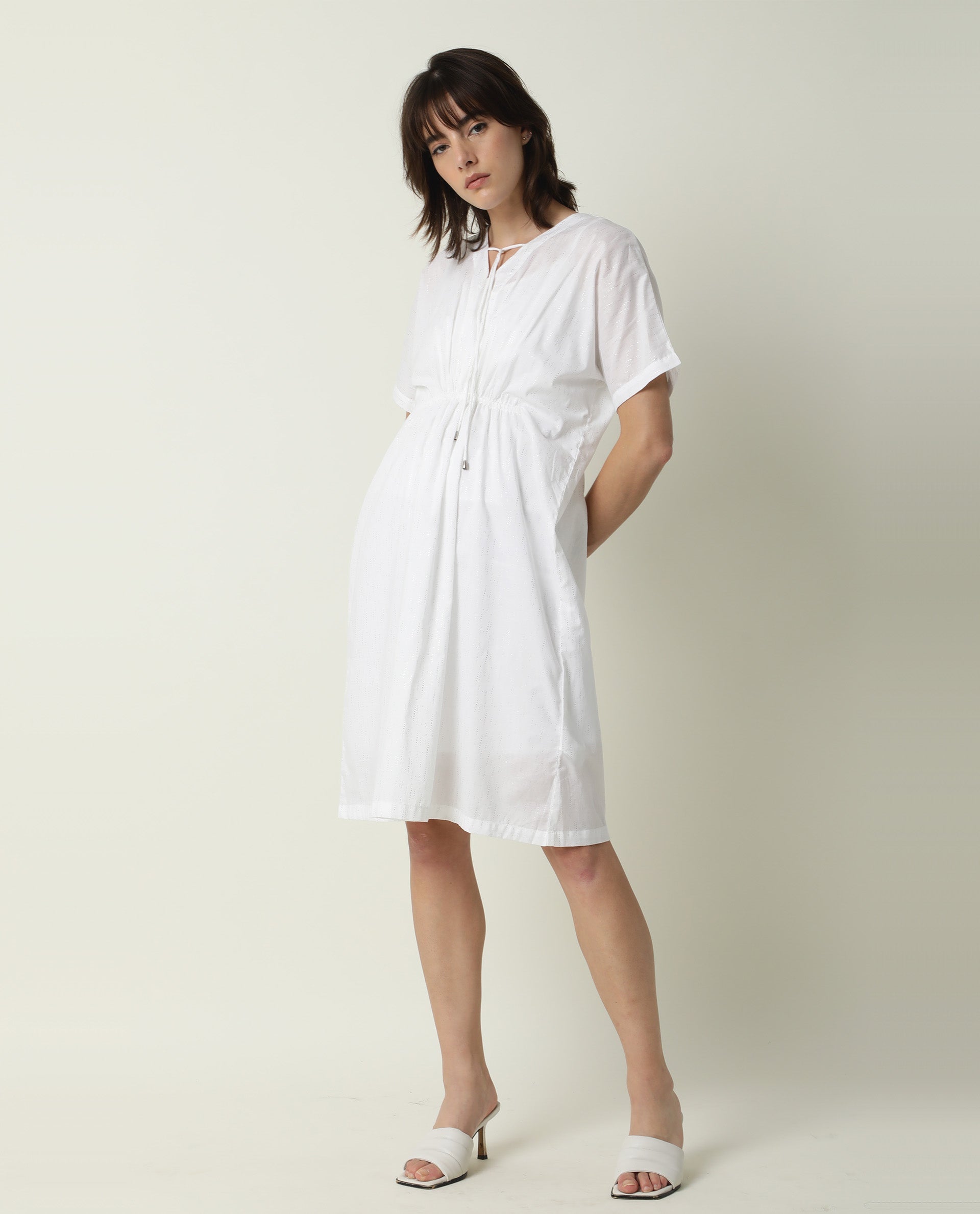 Rareism Women Shawn White V Neck Tie Up Half Sleeves Drawstring At Waist With Pockets Kaftan Knee Length Dress