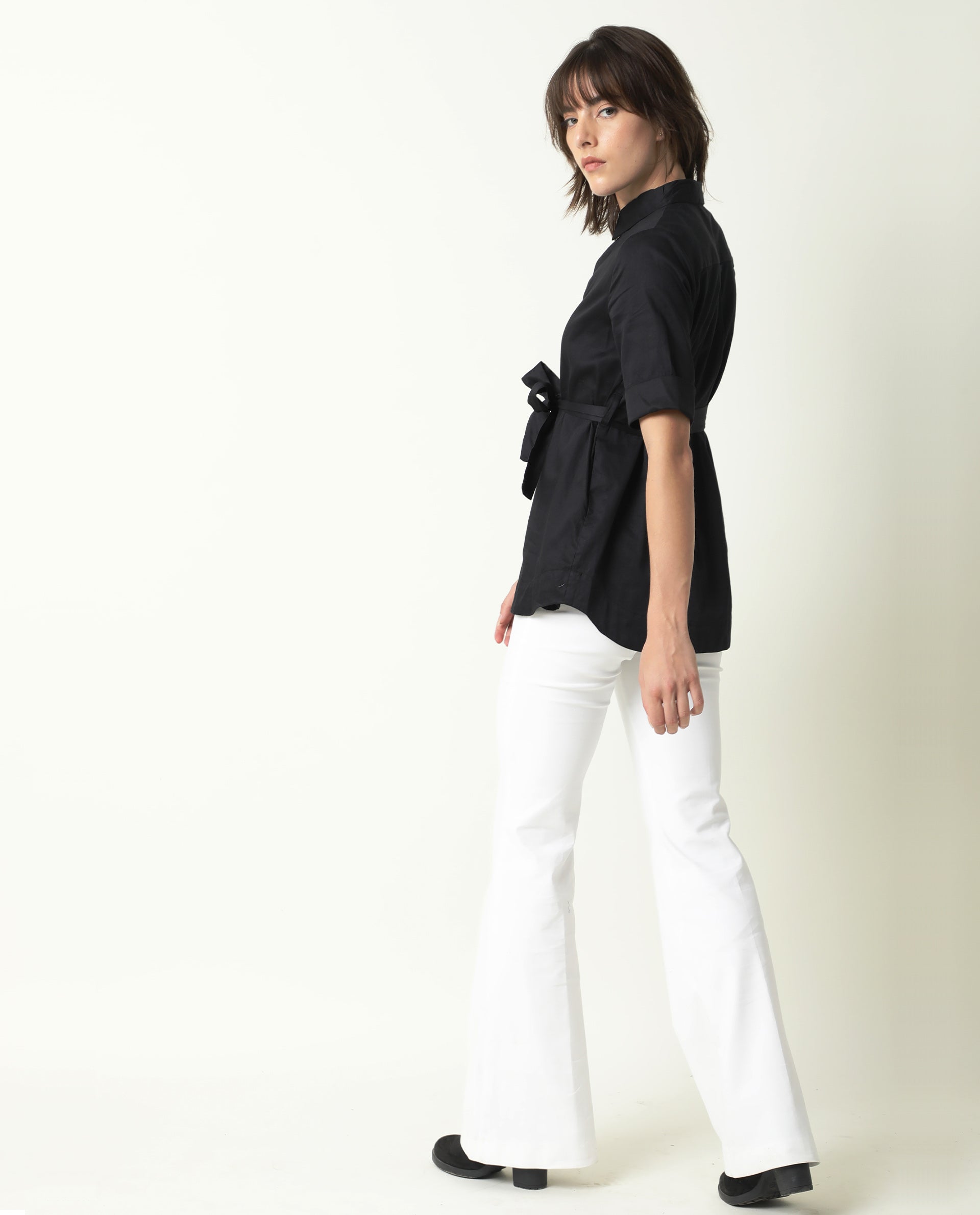 Rareism Womens Glitter Black Top Cotton Satin Fabric Regular Fit 3/4 Sleeve Collared Neck