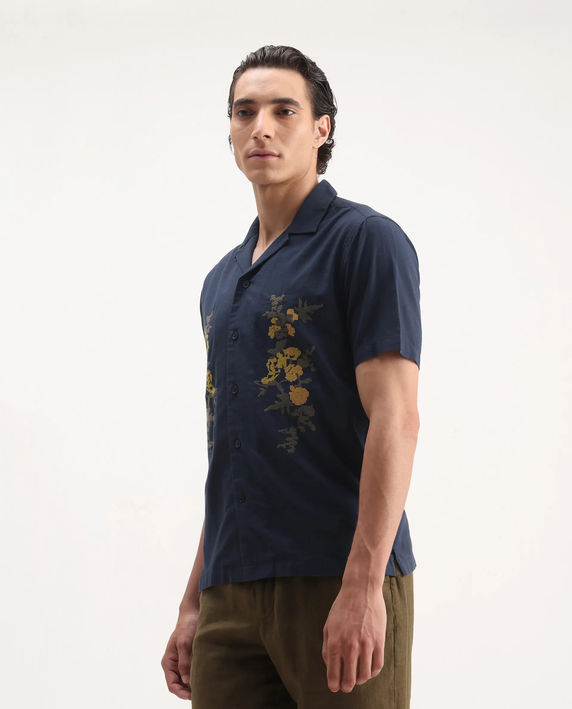 Rare Rabbit Men's Dabe Navy Linen Blend Embroidered Boxy Fit Half Sleeve Cuban Collar Shirt