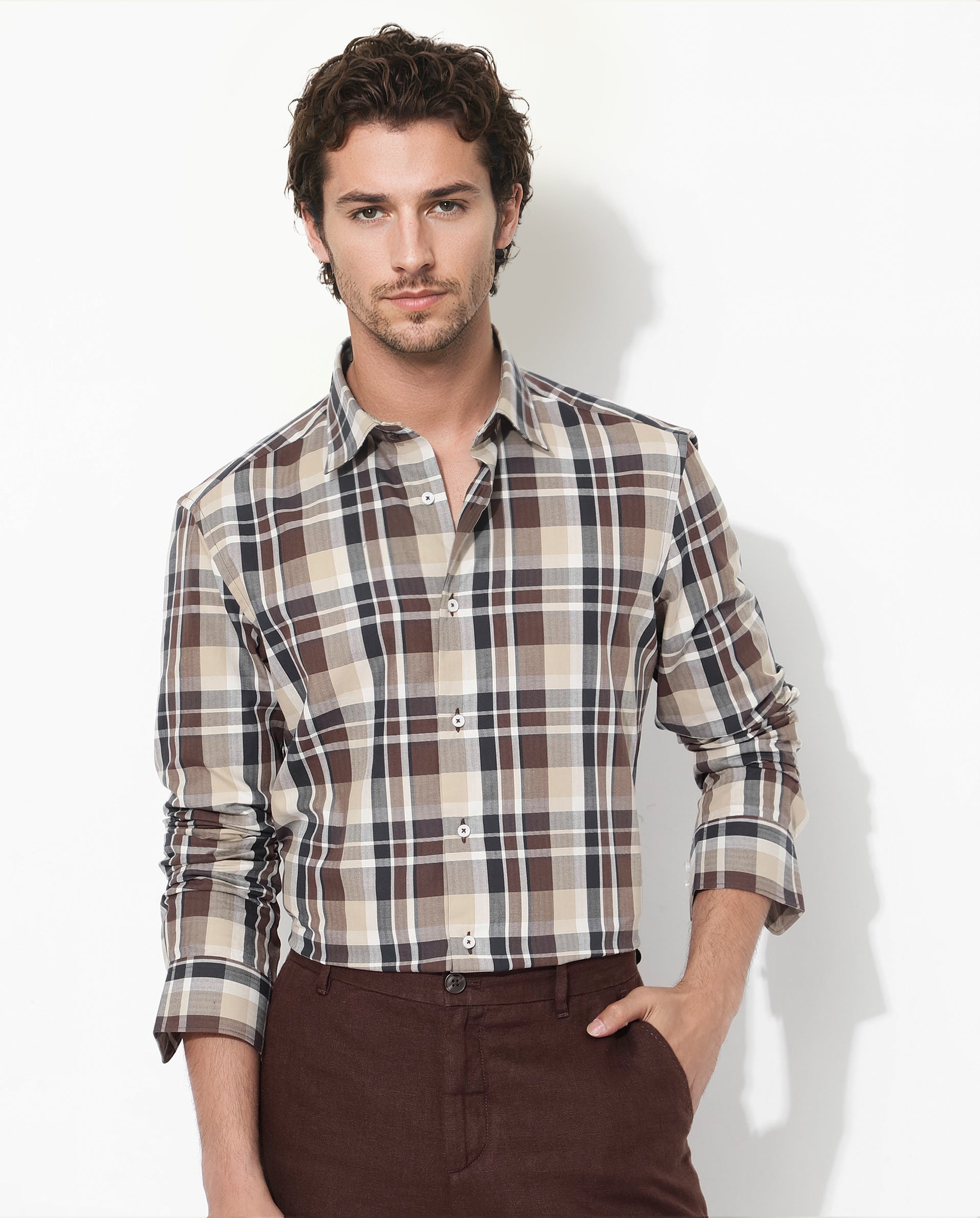 Rare Rabbit Men's Dae Brown Cotton Fabric Full Sleeve Regular Fit Collared Checks Shirt