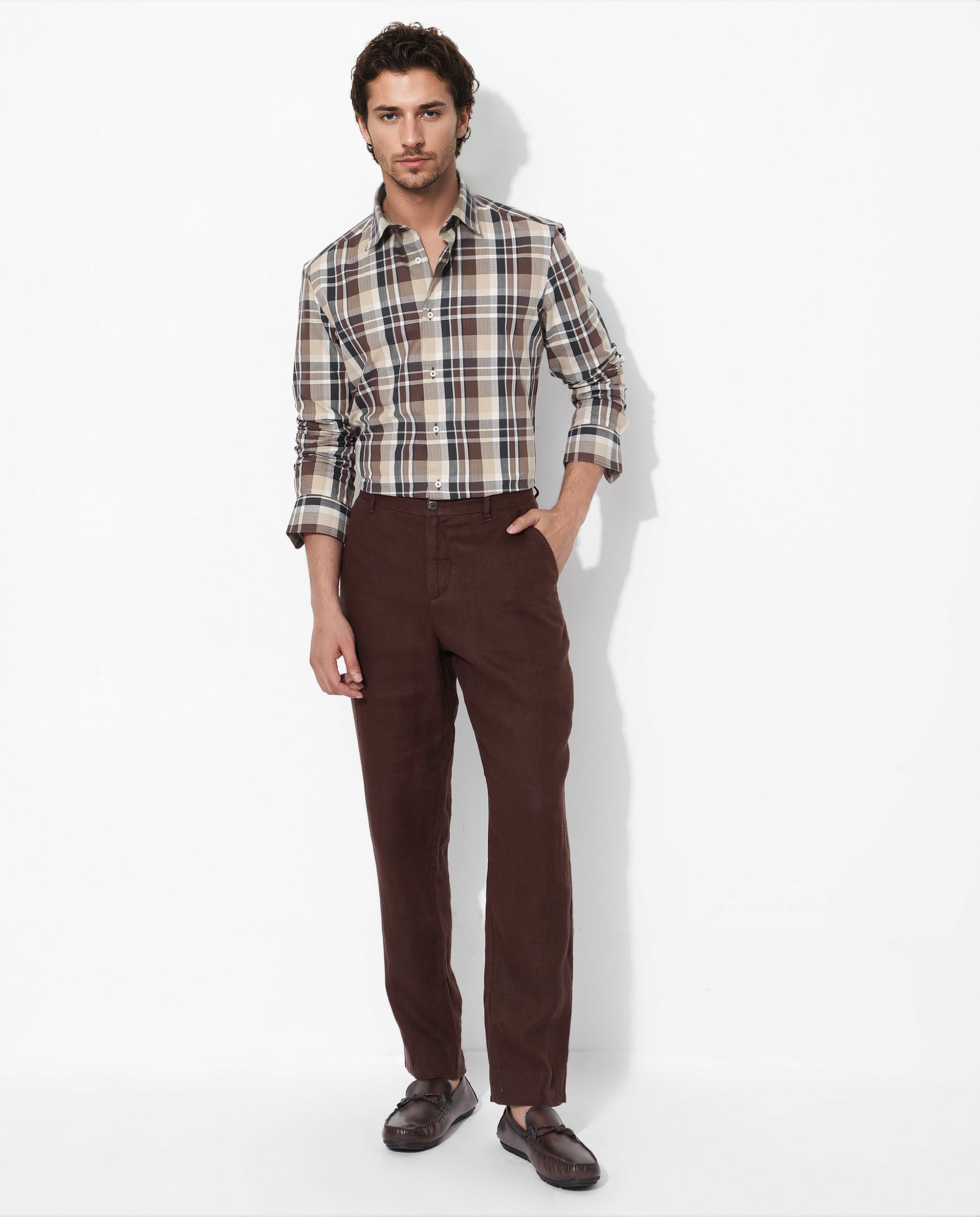 Rare Rabbit Men's Dae Brown Cotton Fabric Full Sleeve Regular Fit Collared Checks Shirt