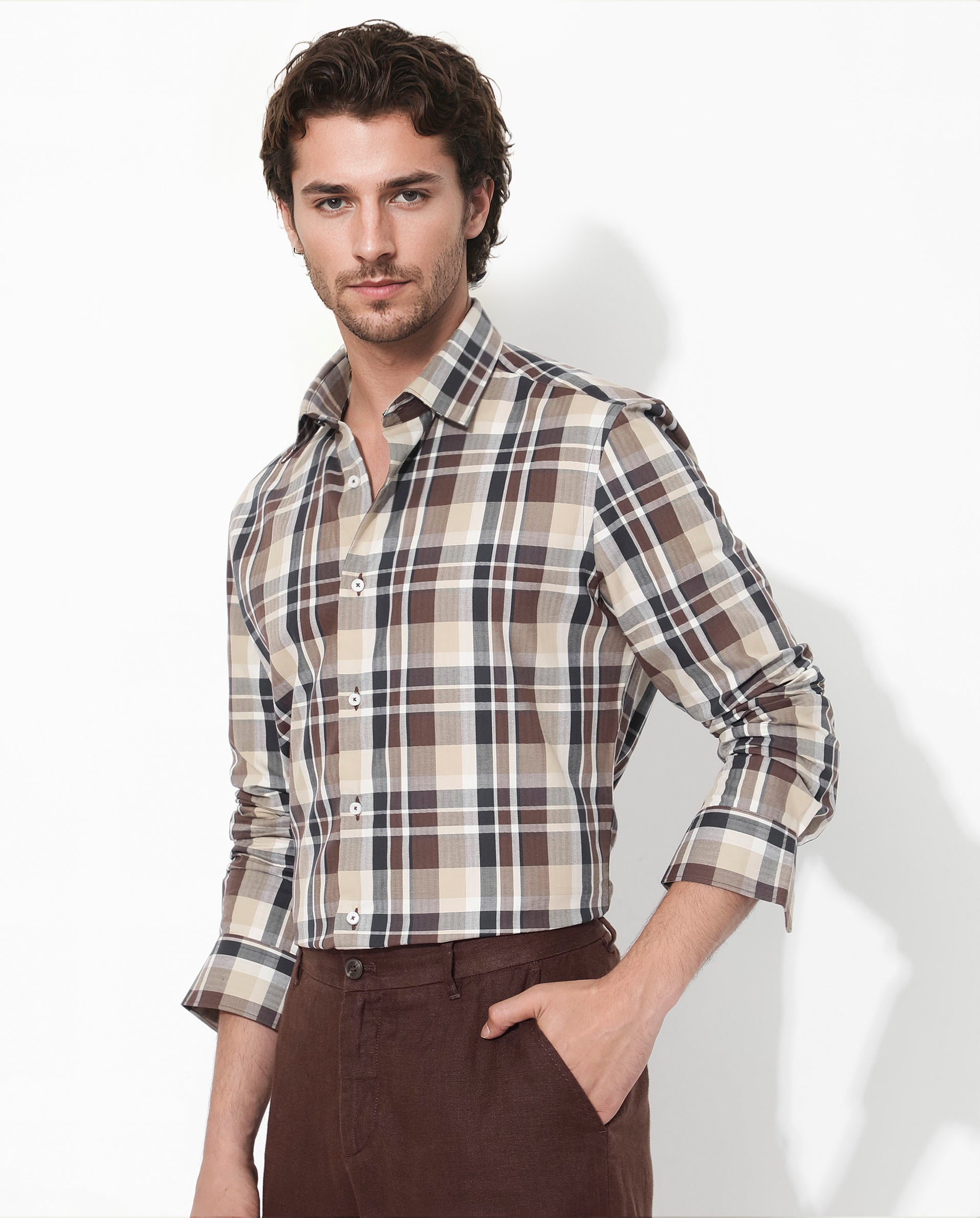 Rare Rabbit Men's Dae Brown Cotton Fabric Full Sleeve Regular Fit Collared Checks Shirt