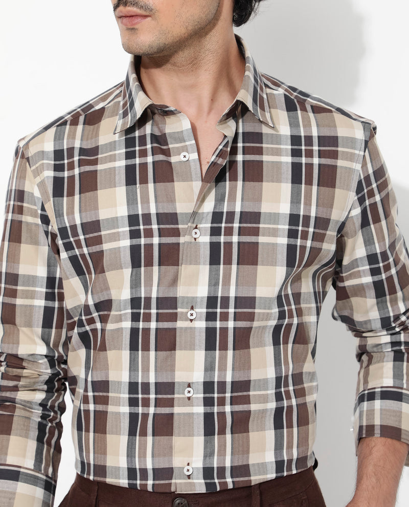 Rare Rabbit Men's Dae Brown Cotton Fabric Full Sleeve Regular Fit Collared Checks Shirt