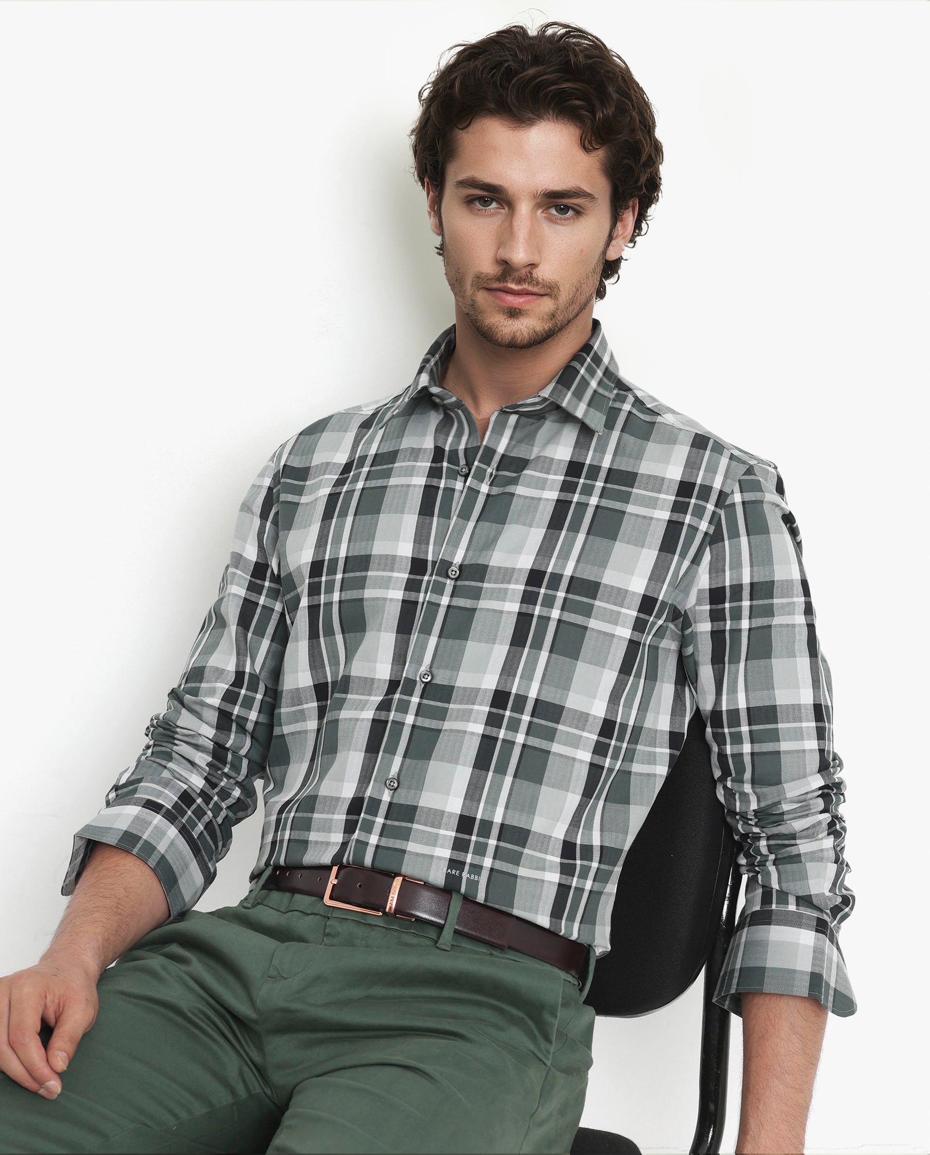 Rare Rabbit Men's Dae Green Cotton Fabric Full Sleeve Regular Fit Collared Checks Shirt