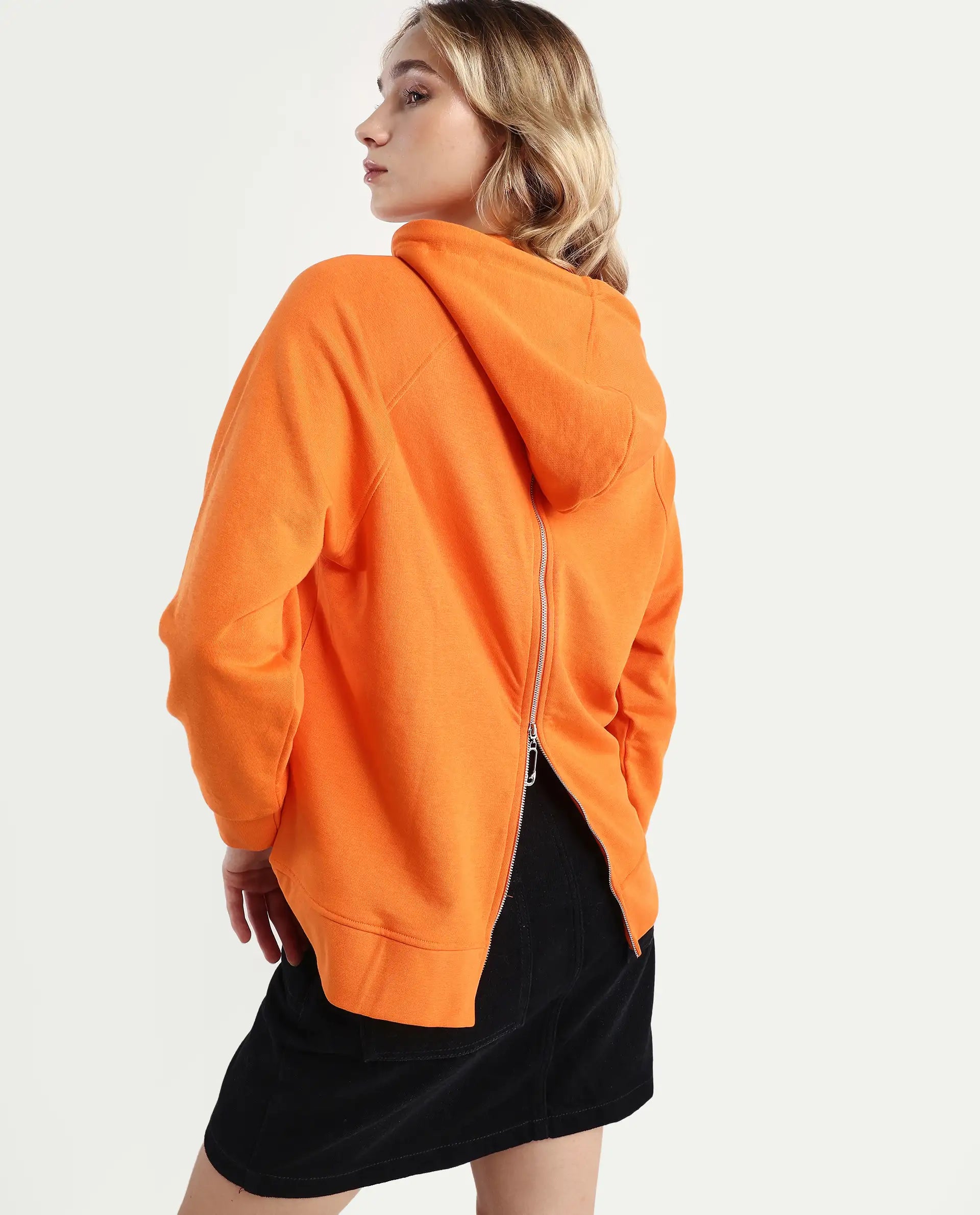 Rareism Women's Dae Orange Cotton Blend Hooded Plain Relaxed Fit Sweatshirt