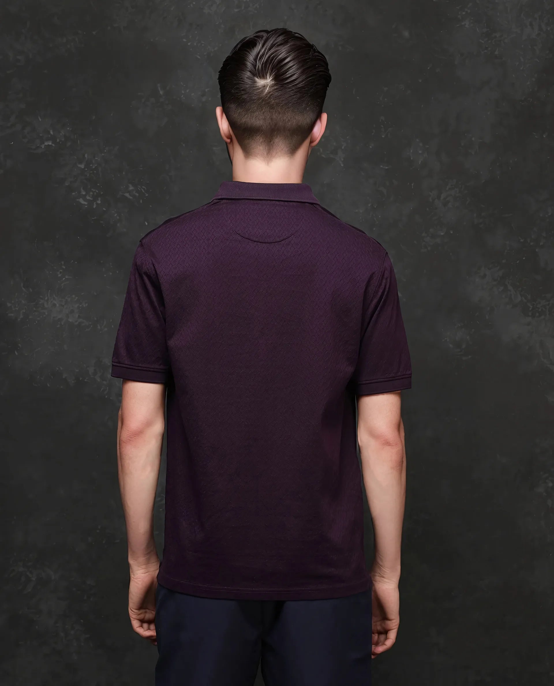 Rare Rabbit Men's Dafo-1 Purple Cotton Fabric Short Sleeve Collared Neck Button Closure Jacquard Polo