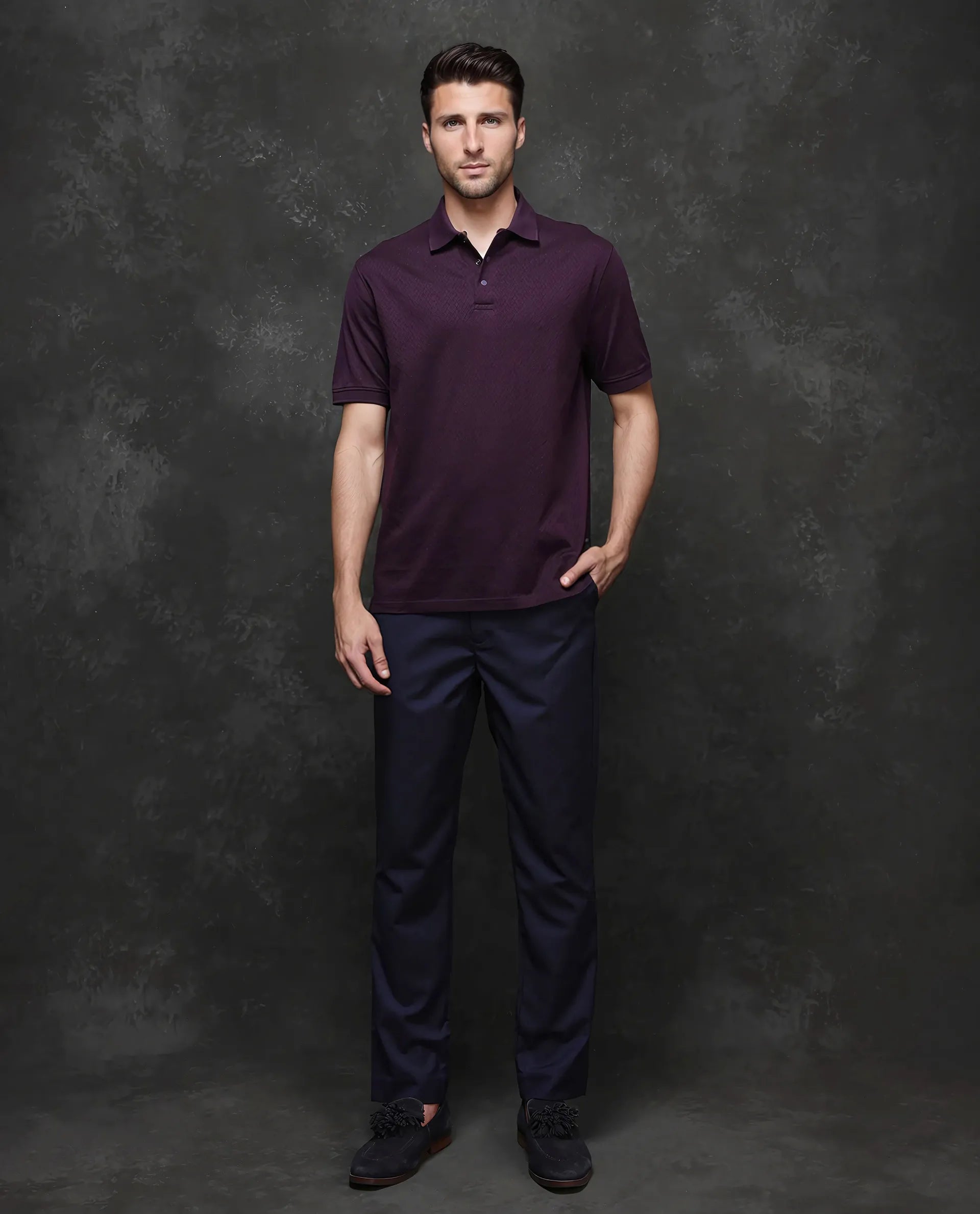 Rare Rabbit Men's Dafo-1 Purple Cotton Fabric Short Sleeve Collared Neck Button Closure Jacquard Polo