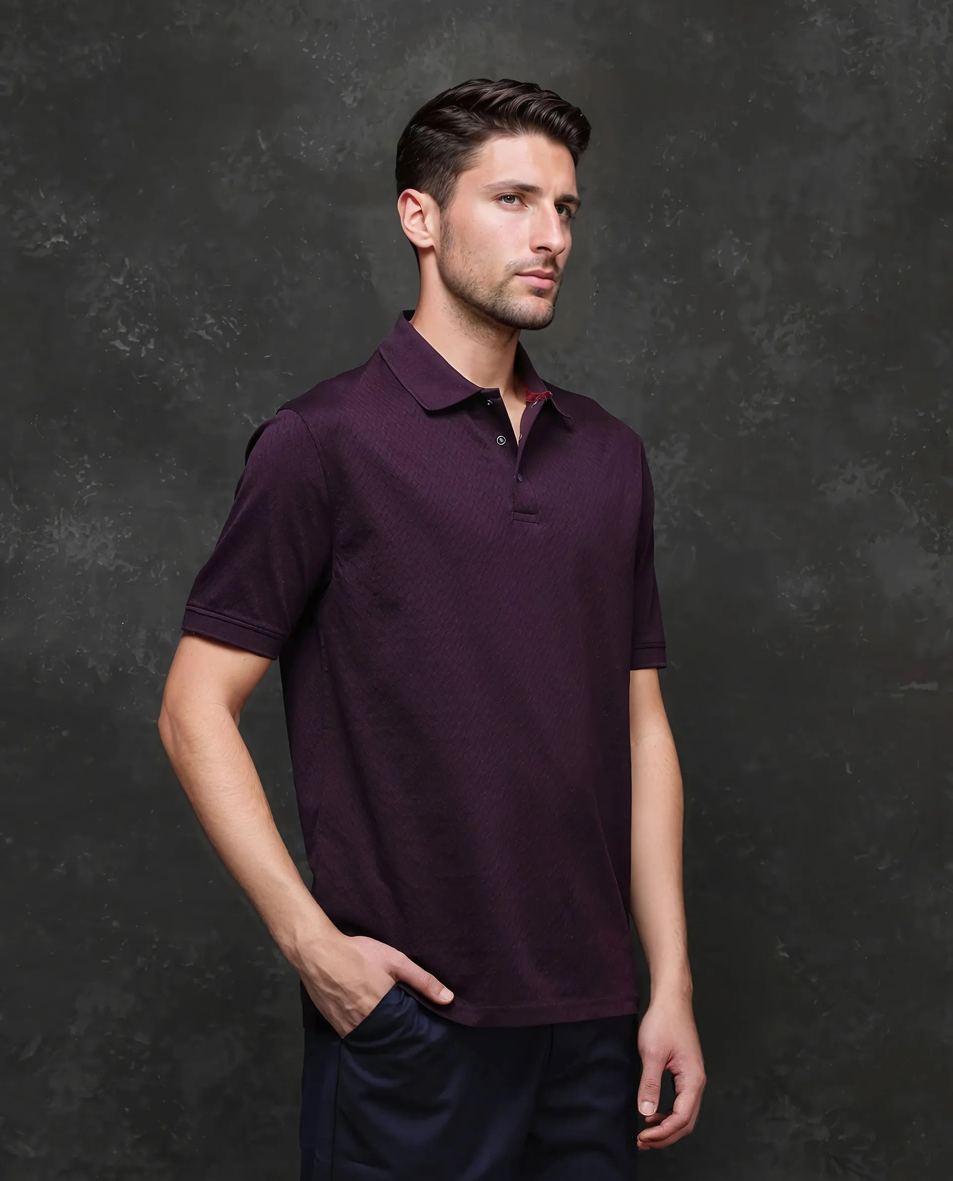 Rare Rabbit Men's Dafo-1 Purple Cotton Fabric Short Sleeve Collared Neck Button Closure Jacquard Polo