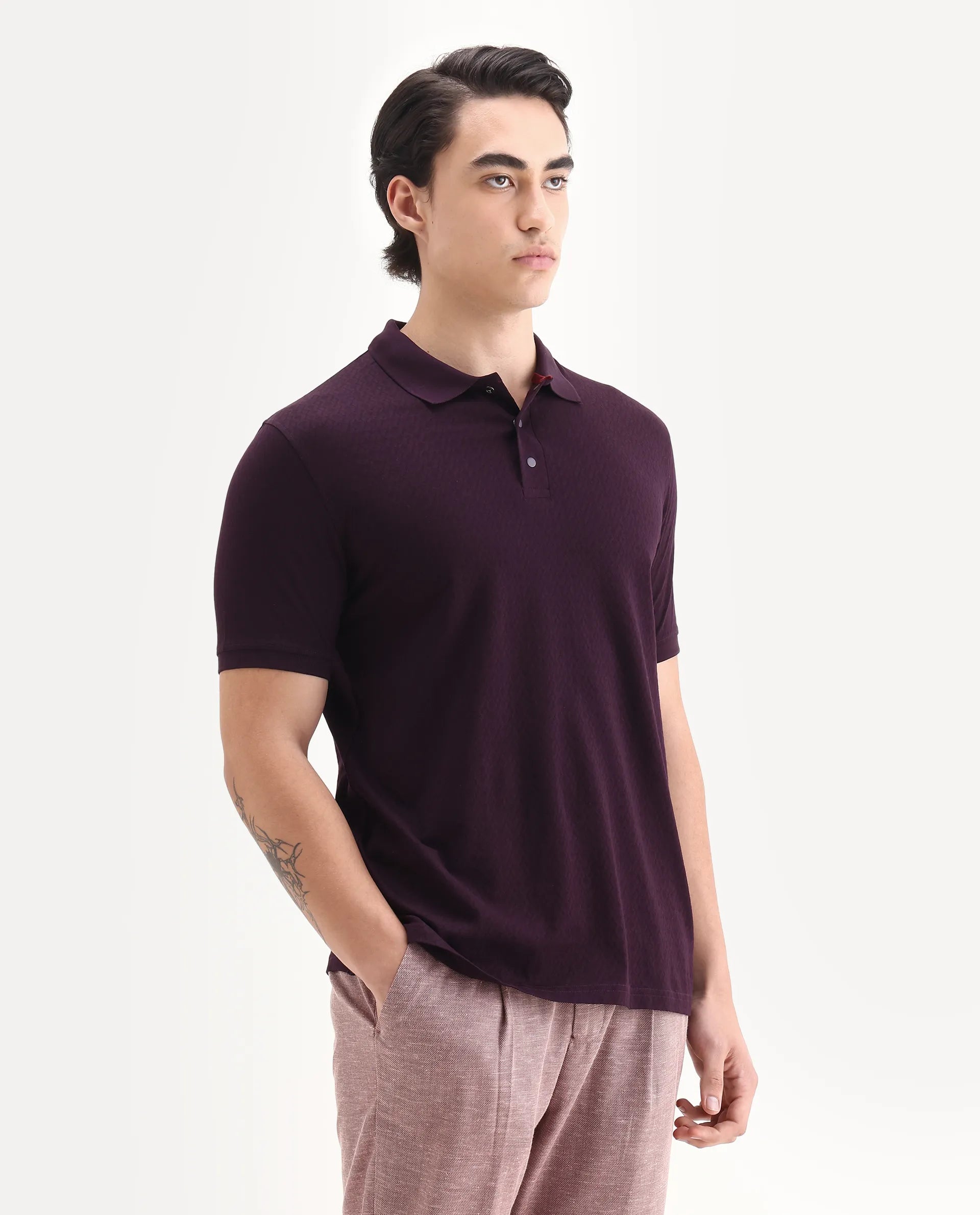 Rare Rabbit Men's Guild Statement Dafo Purple Cotton Jacquard Regular Fit Half Sleeve Polo