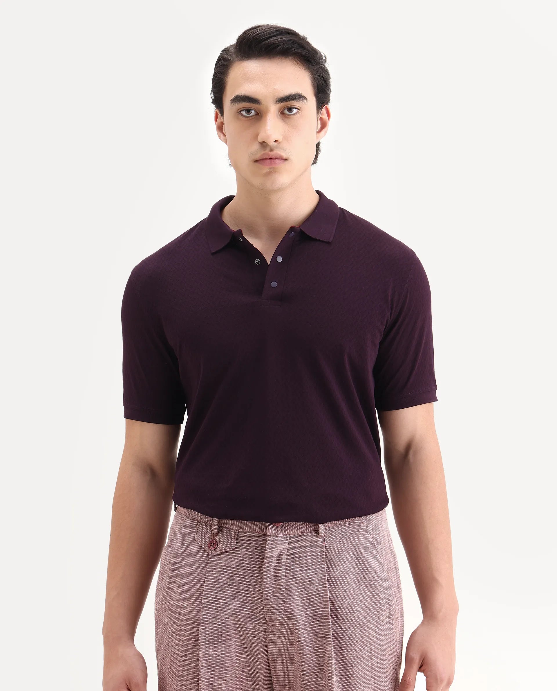 Rare Rabbit Men's Guild Statement Dafo Purple Cotton Jacquard Regular Fit Half Sleeve Polo