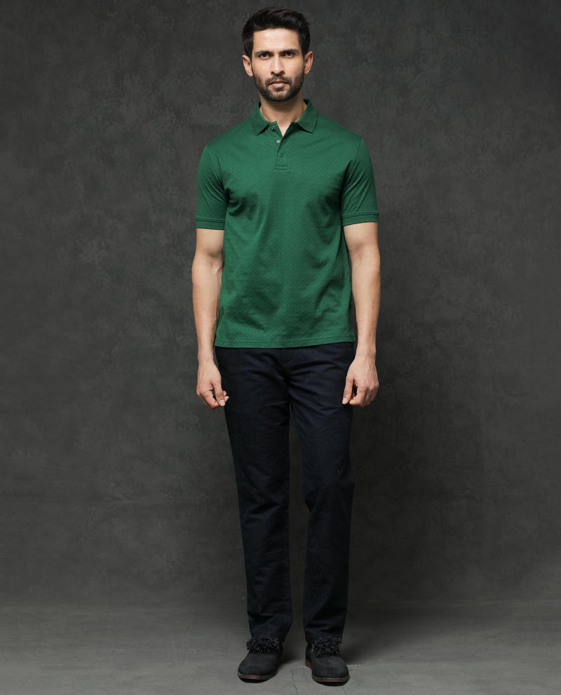 Rare Rabbit Men's Dafo Green Cotton Fabric Half Sleeves Jacquard Textured Polo T-Shirt