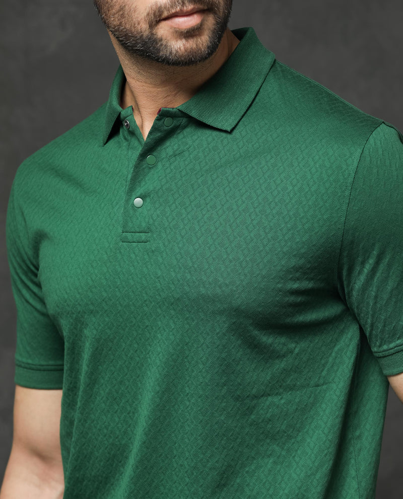 Rare Rabbit Men's Dafo Green Cotton Fabric Half Sleeves Jacquard Textured Polo T-Shirt
