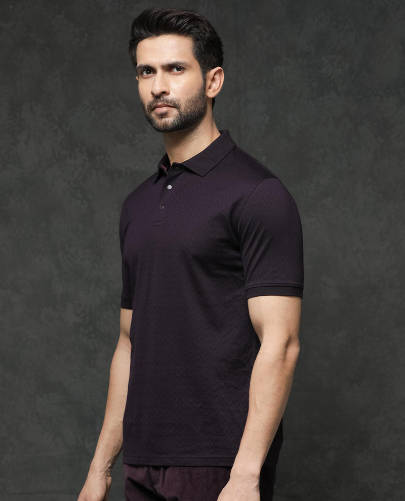 Rare Rabbit Men's Dafo Purple Cotton Fabric Half Sleeves Jacquard Print Polo T-Shirt
