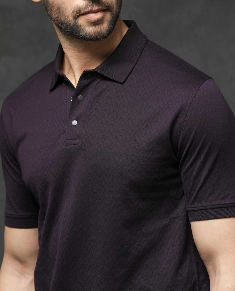 Rare Rabbit Men's Dafo Purple Cotton Fabric Half Sleeves Jacquard Print Polo T-Shirt