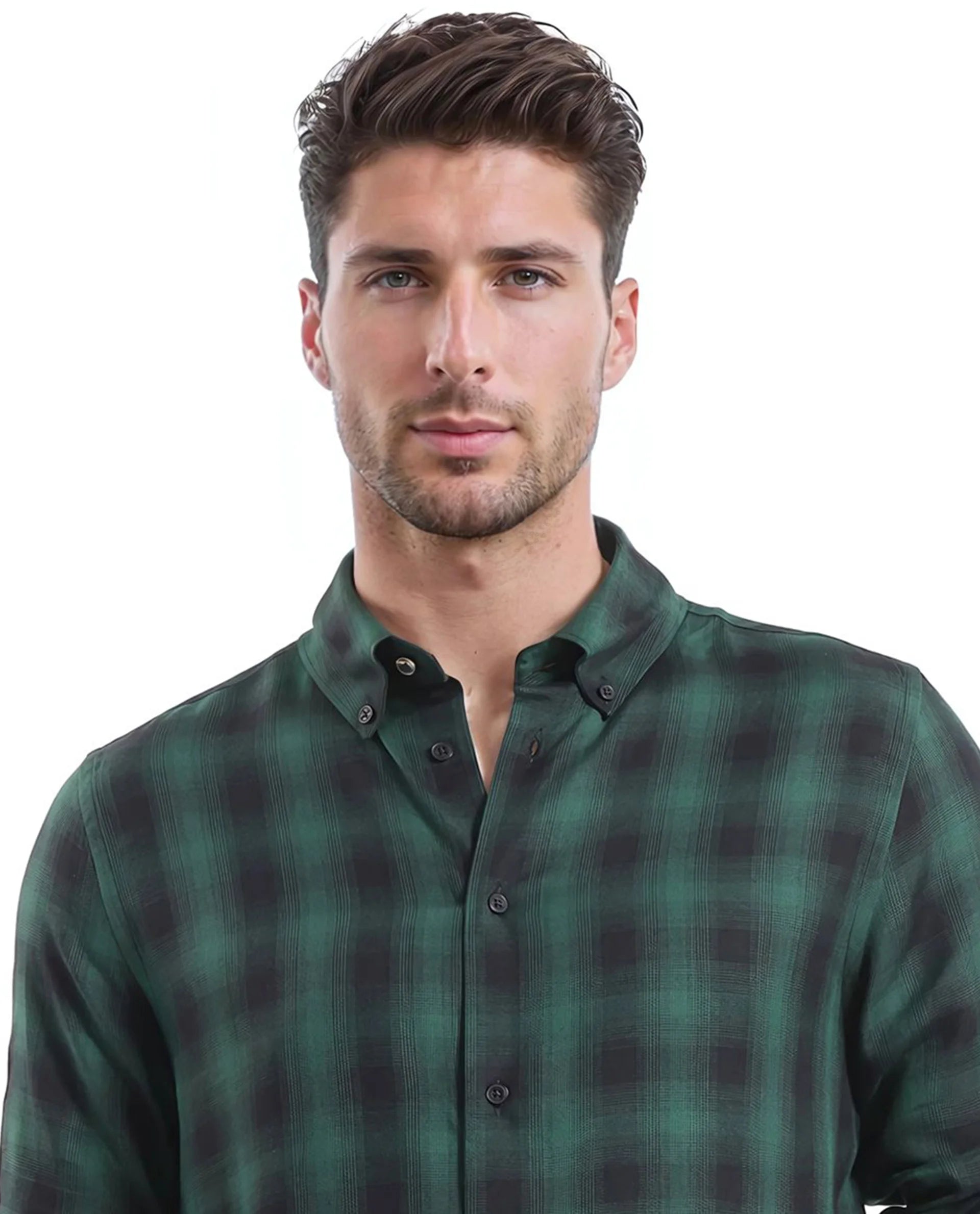 Rare Rabbit Men's Dahme Green Cotton Fabric Full Sleeve Collared Neck Button Closure Checked Shirt