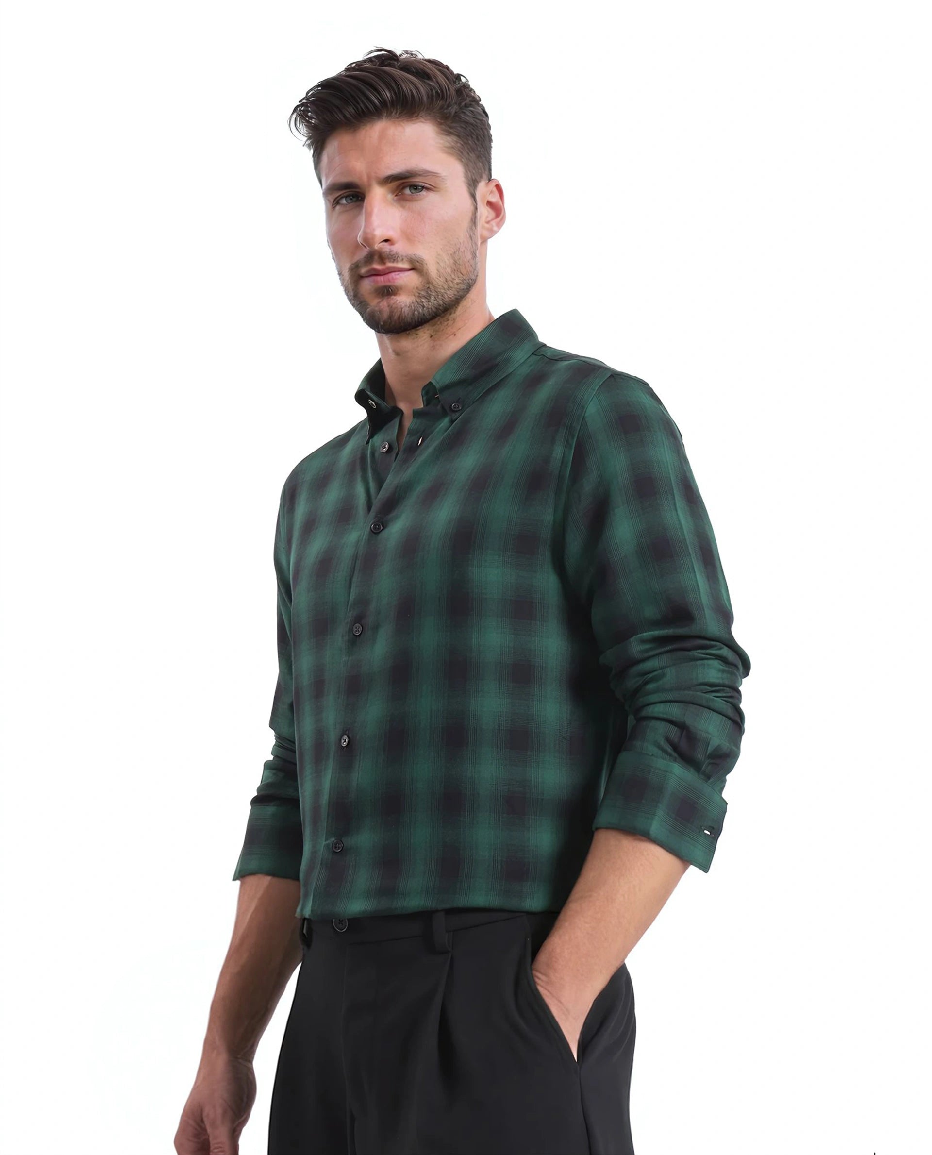 Rare Rabbit Men's Dahme Green Cotton Fabric Full Sleeve Collared Neck Button Closure Checked Shirt