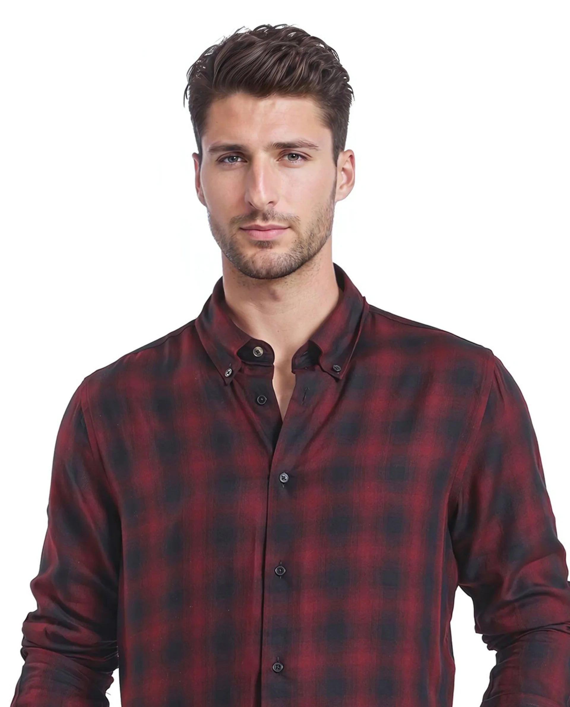 Rare Rabbit Men's Dahme Maroon Cotton Fabric Full Sleeve Collared Neck Button Closure Checked Shirt