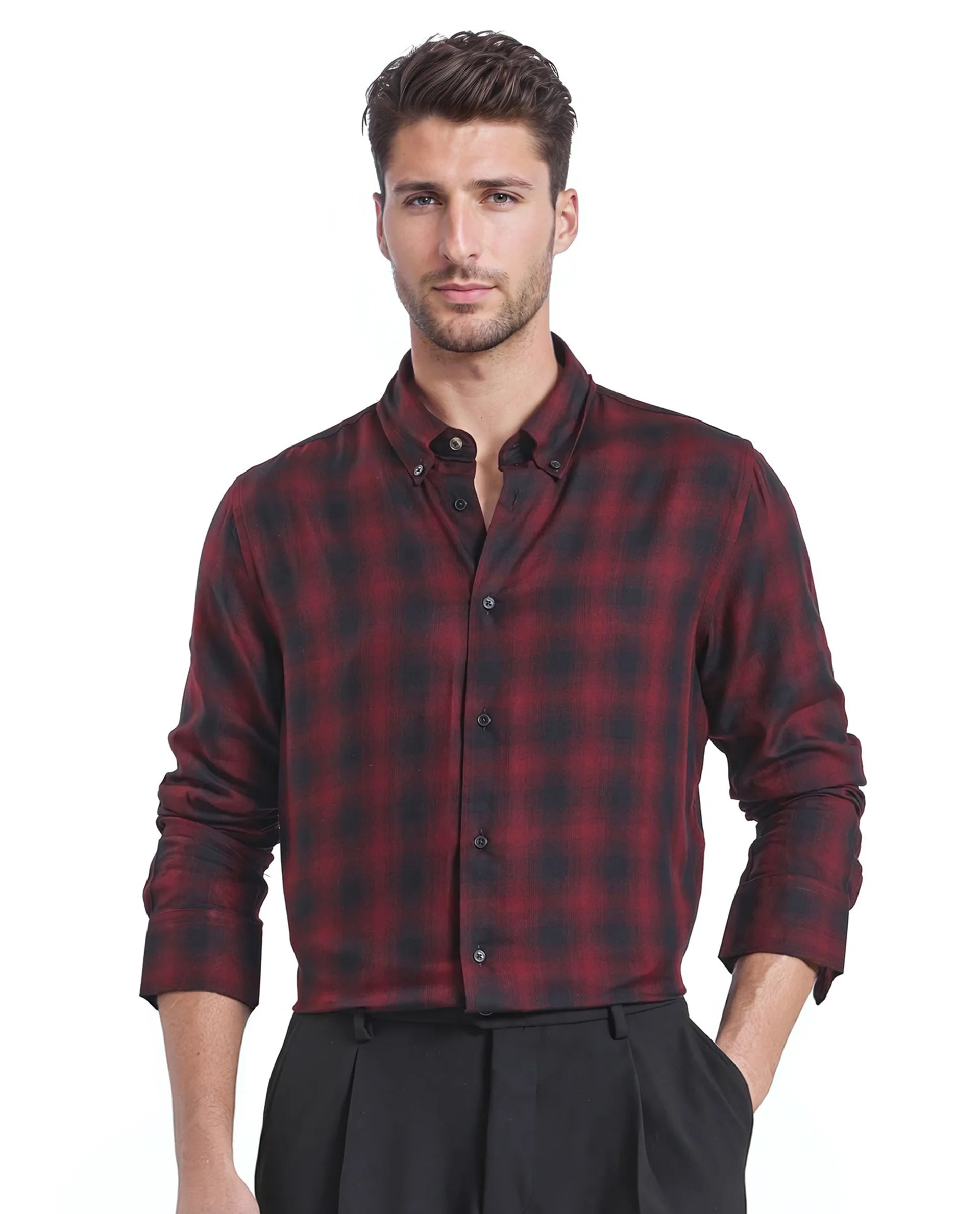 Rare Rabbit Men's Dahme Maroon Cotton Fabric Full Sleeve Collared Neck Button Closure Checked Shirt