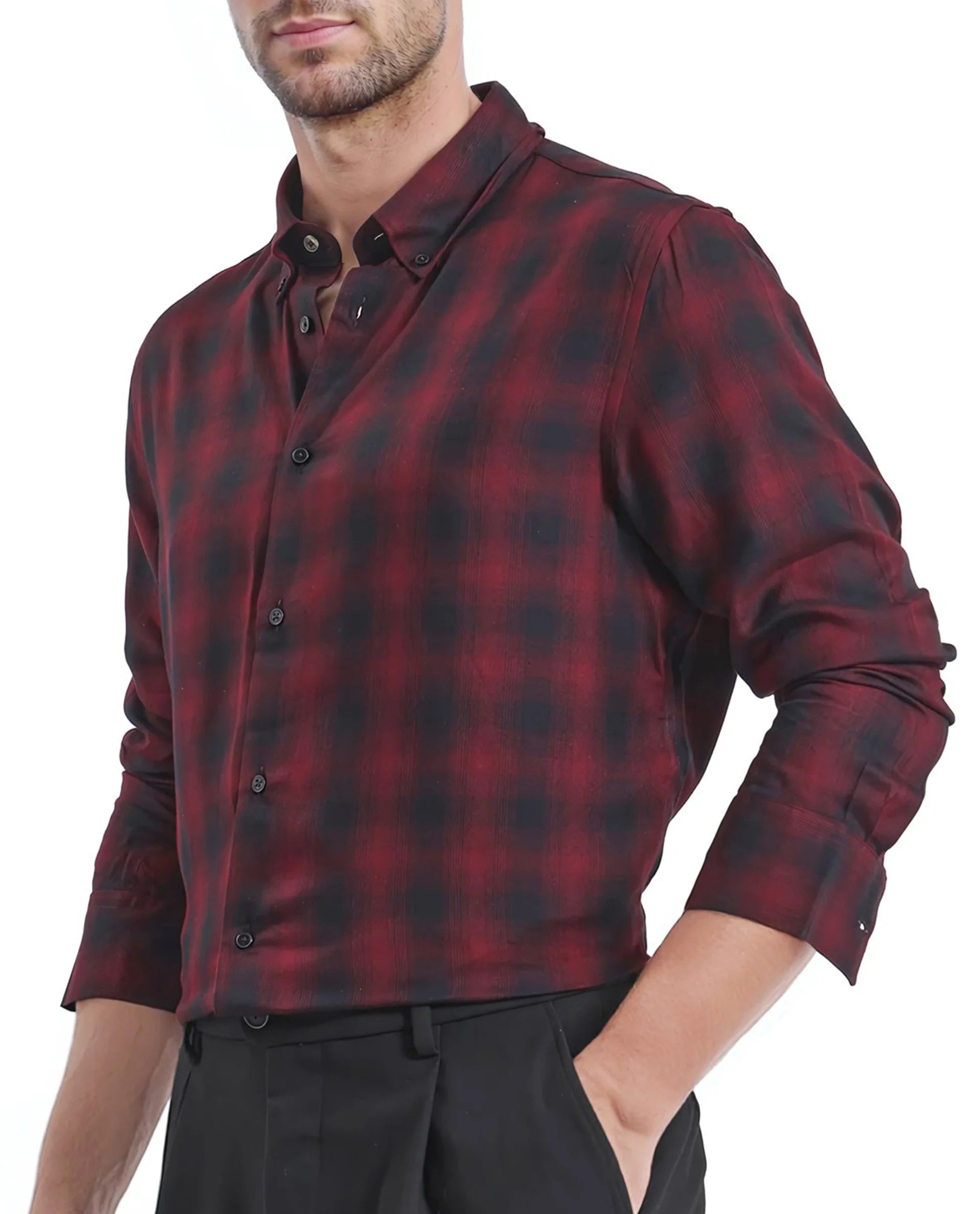 Rare Rabbit Men's Dahme Maroon Cotton Fabric Full Sleeve Collared Neck Button Closure Checked Shirt