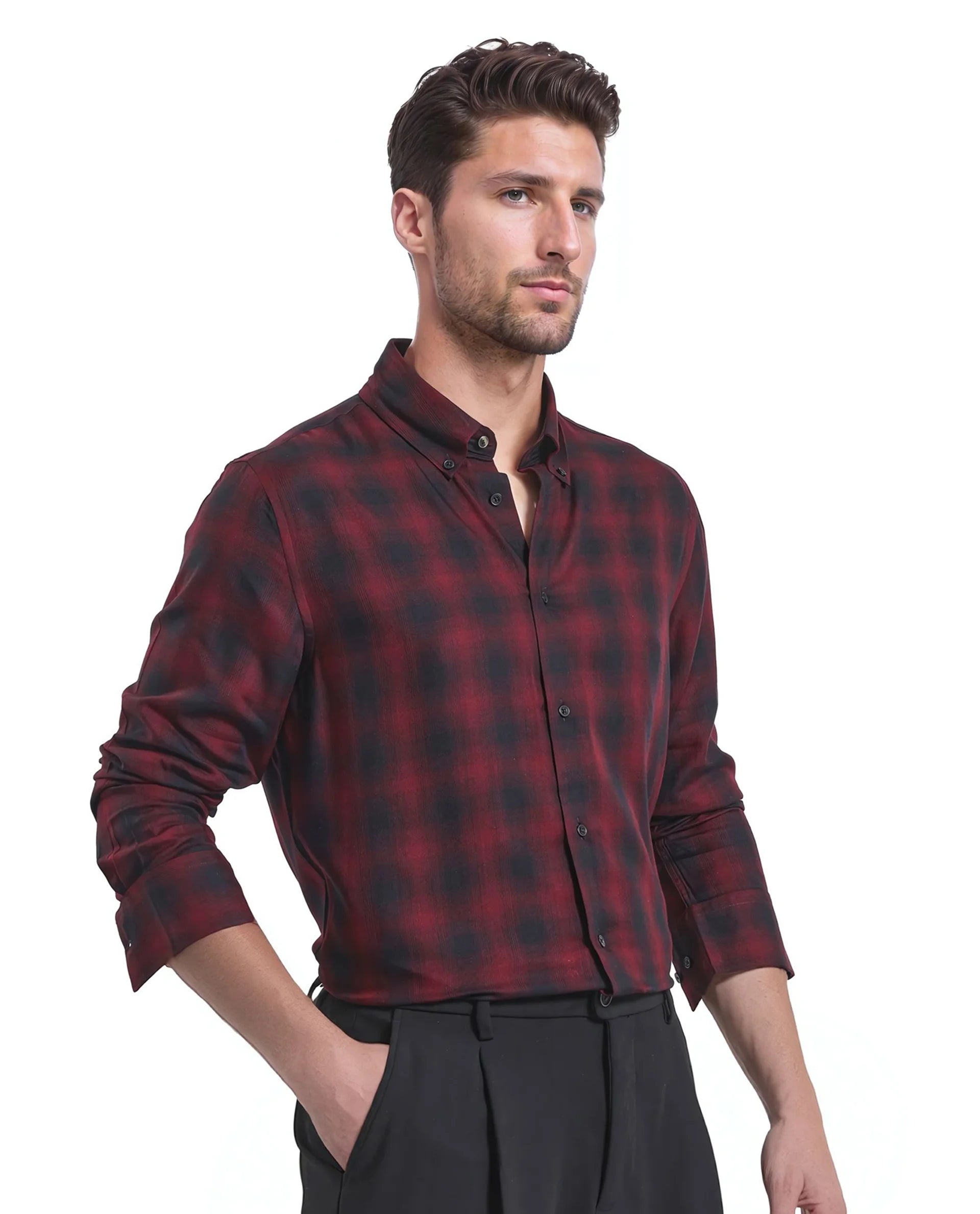 Rare Rabbit Men's Dahme Maroon Cotton Fabric Full Sleeve Collared Neck Button Closure Checked Shirt