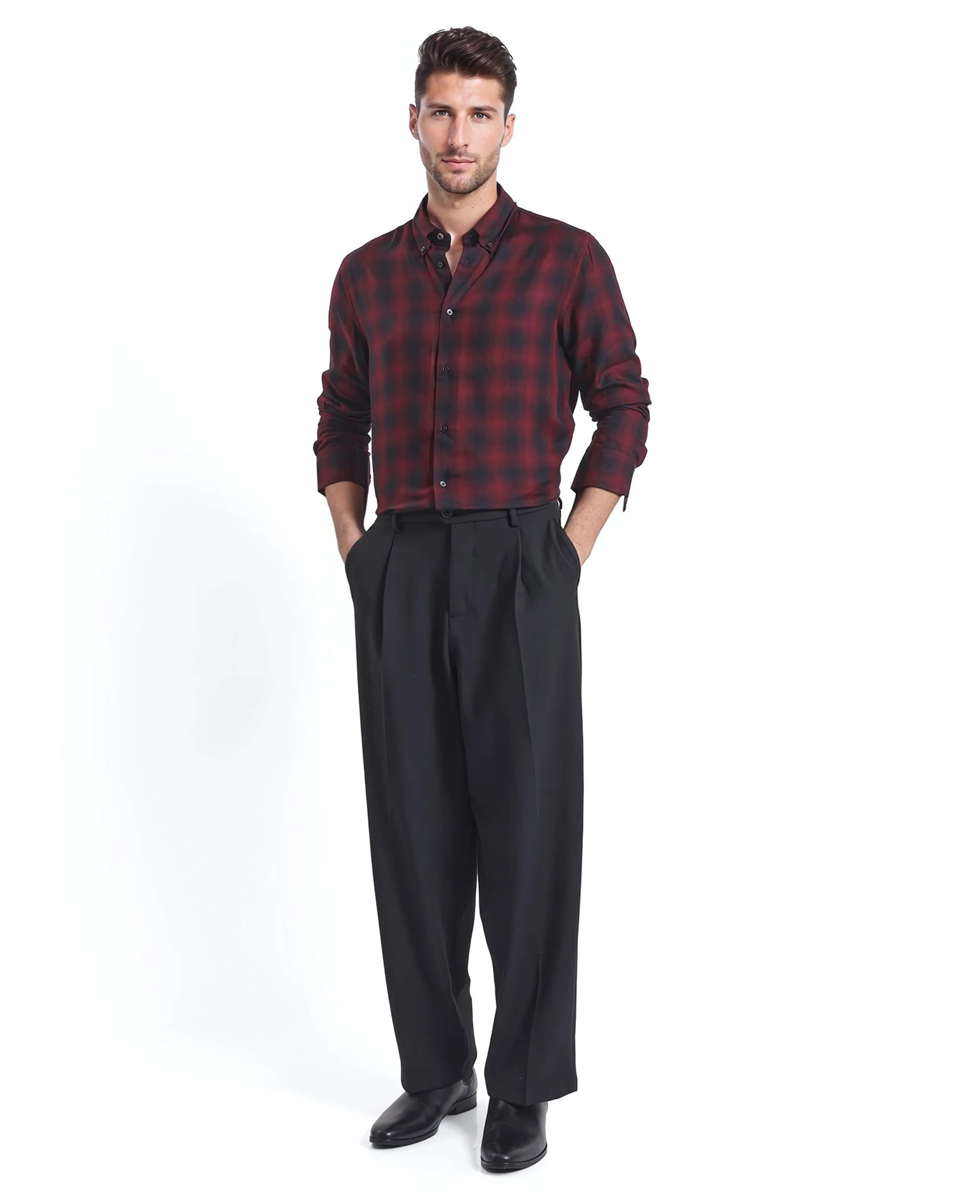 Rare Rabbit Men's Dahme Maroon Cotton Fabric Full Sleeve Collared Neck Button Closure Checked Shirt