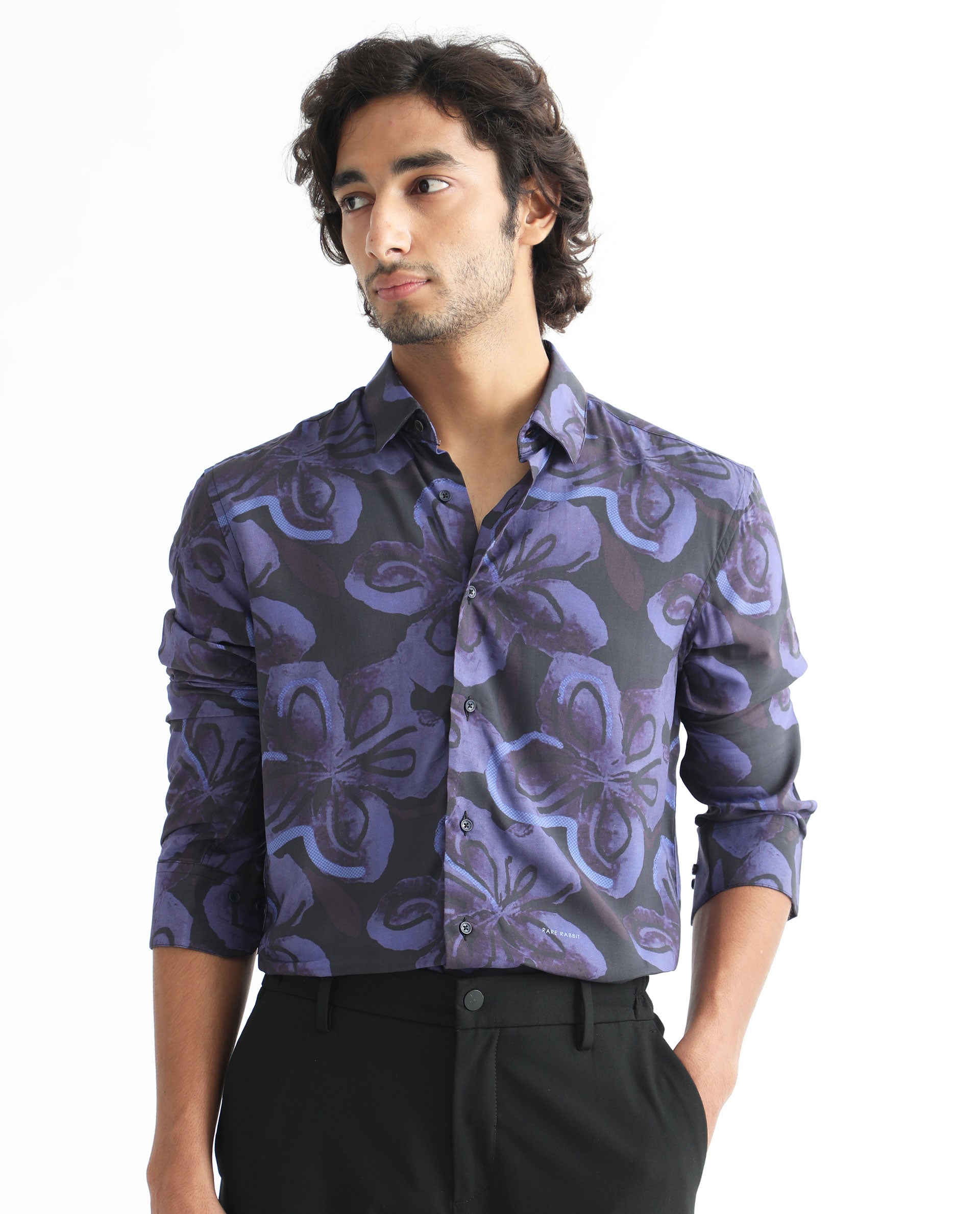 Rare Rabbit Men's Daize Purple Viscose Fabric Full Sleeves Regular Fit Floral Print Shirt