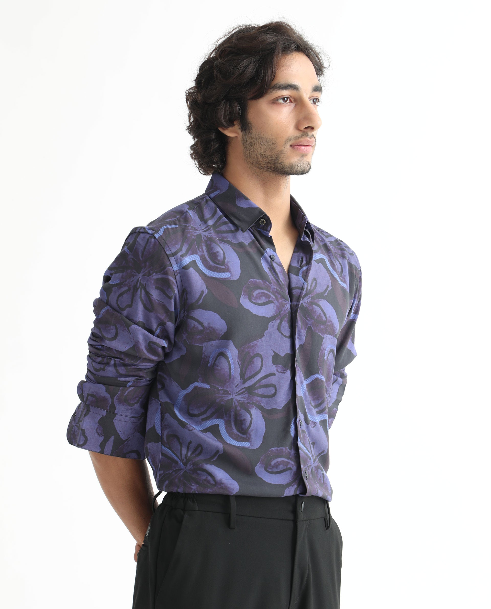 Rare Rabbit Men's Daize Purple Viscose Fabric Full Sleeves Regular Fit Floral Print Shirt