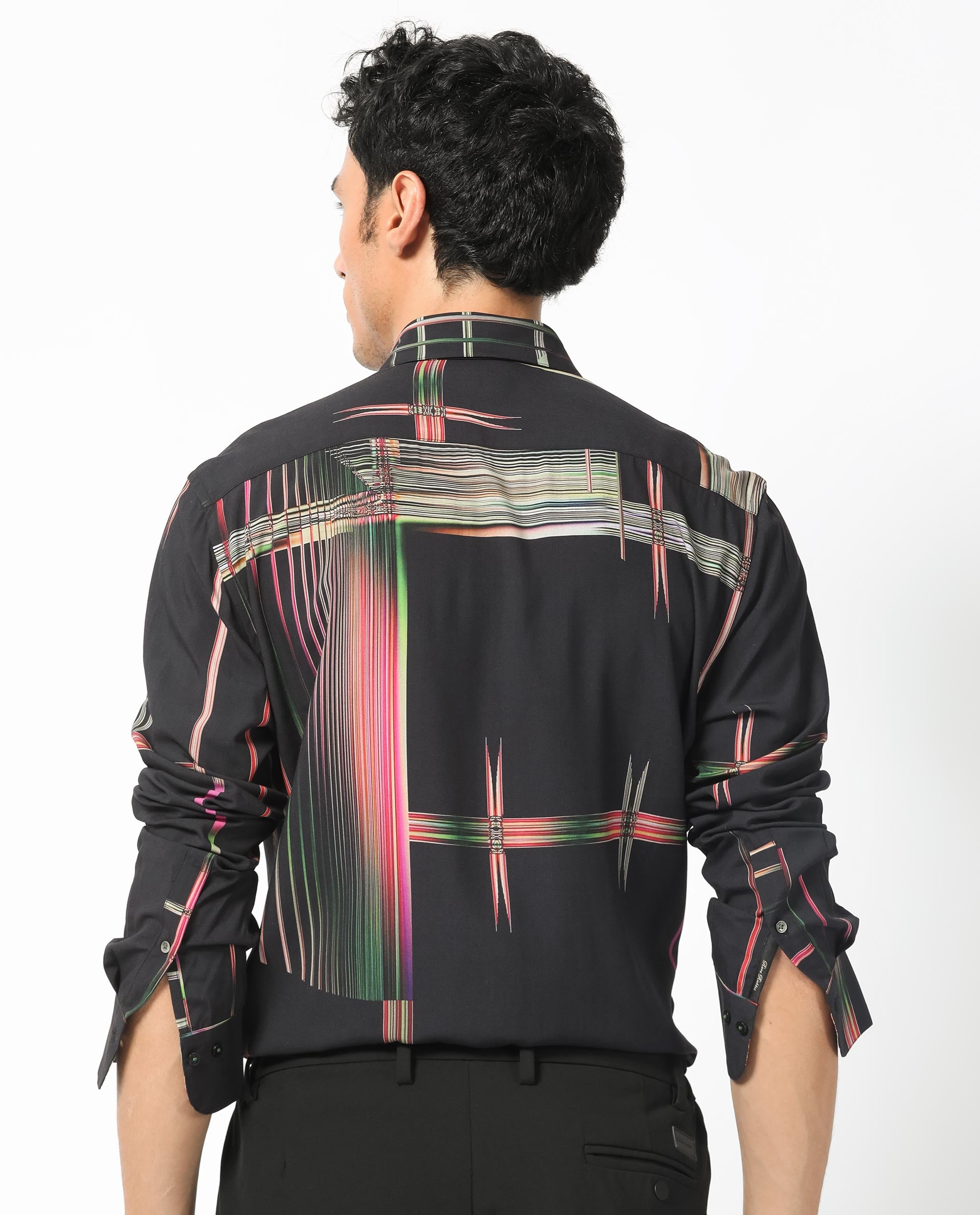 Rare Rabbit Men's Dale Black Viscose Fabric Abstract Print Full Sleeves Shirt