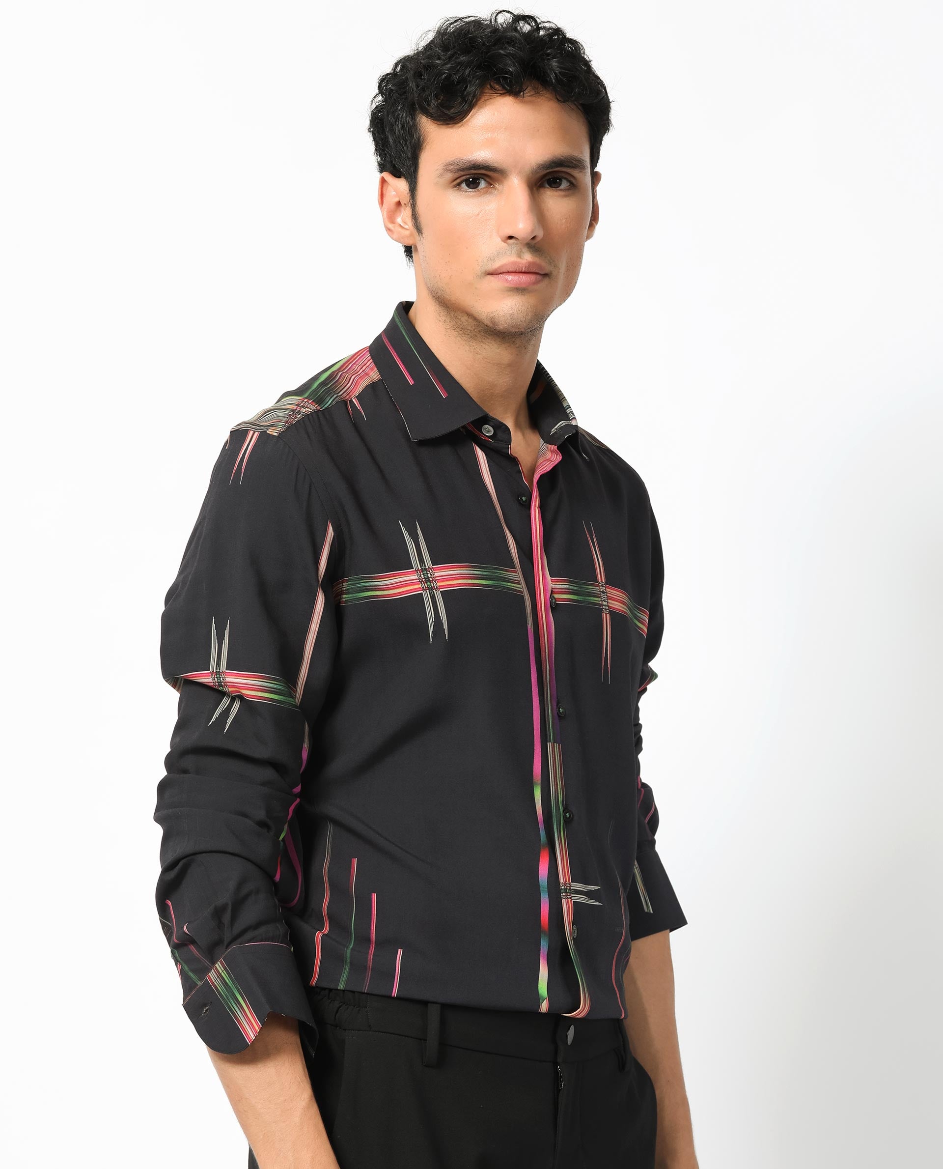 Rare Rabbit Men's Dale Black Viscose Fabric Abstract Print Full Sleeves Shirt